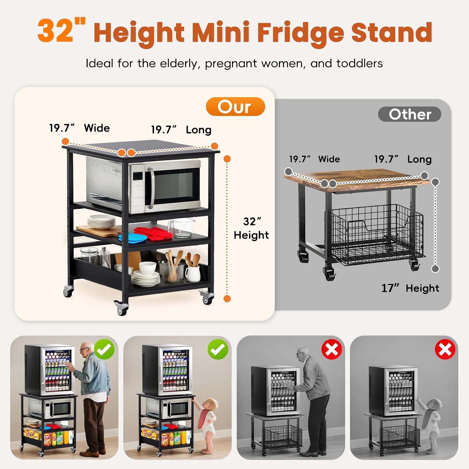 32' H Mini Fridge Stand with Storage - Avoid Bending Over Fit Elderly Pregnant Women Mini Fridge Shelf 4-Tier Small Refrigerator Stand with Adjust Storage Space Stainless Steel Wheel 19.7' L x 19.7' W