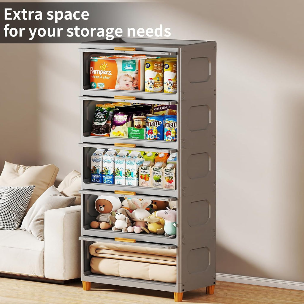 5 Tier Large Storage Bins with 1 Lid, 250QT Closet Organizers and Storage, Drawers Flip Open Large Plastic Storage Containers for Living Room, Office, Dorm (5 Tiers)