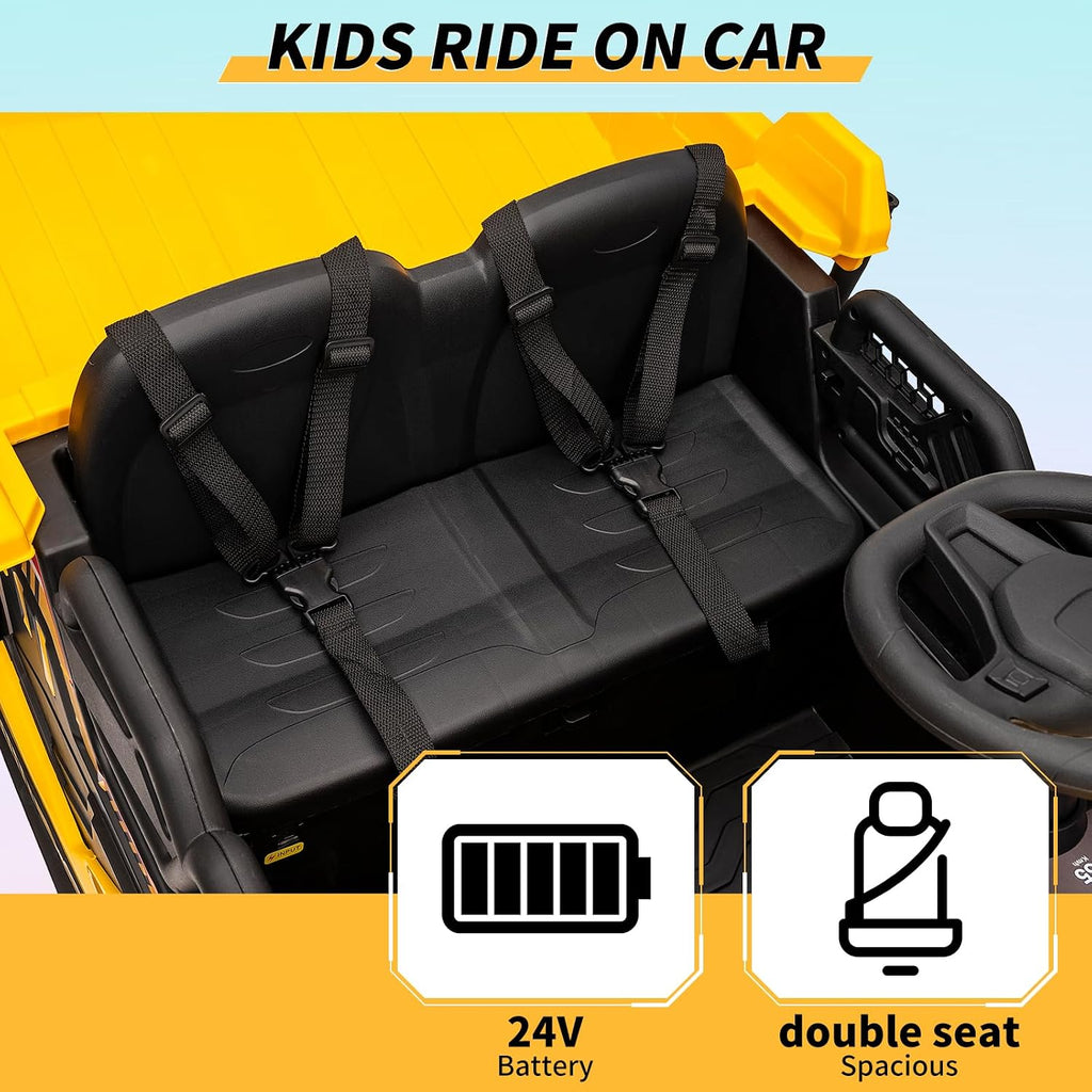 24V Kids Ride On Dump Truck with R/C, 2 Seater Electric Car - 2WD/4WD Powerful Motors, 4.4 Mph, Electric Dump Bed & Shovel, EVA Tires, Music Player, Soft Start, 19' Spacious Seat (Yellow)