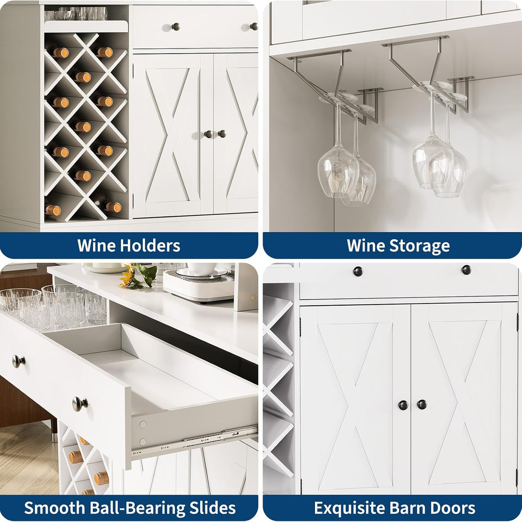 Coffee Bar Cabinet with Power Outlet & Exquisite Barn Doors, Sideboard Buffet Cabinet with Wine Bottle Rack, Storage Cabinet for Kitchen, Dining Room