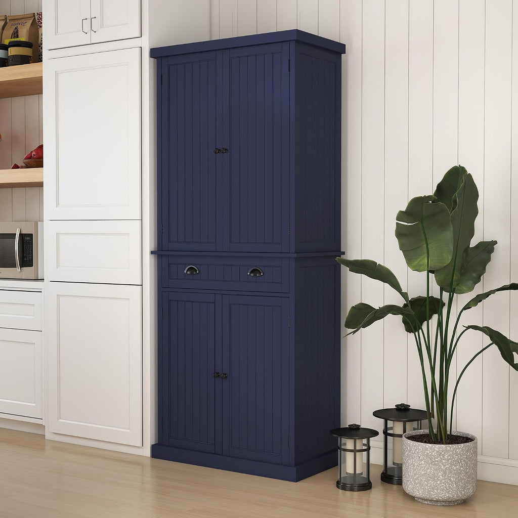 Kitchen Pantry Cabinet, Tall Pantry Storage Cabinet with Drawer and Adjustable Shelves, Blue Freestanding Cupboard for Kitchen, Dining Room and Living Room