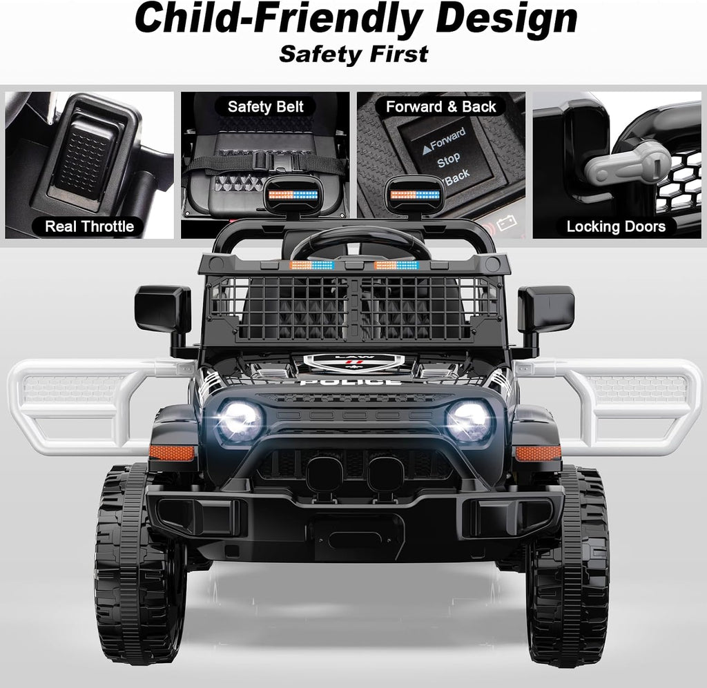 12V Ride on Car with Parent Remote Control, Toddler Police Electric Car with Spring Suspension, LED Lights & Music Player - Safe Battery Toy for Kids, Christmas & Birthday Gift