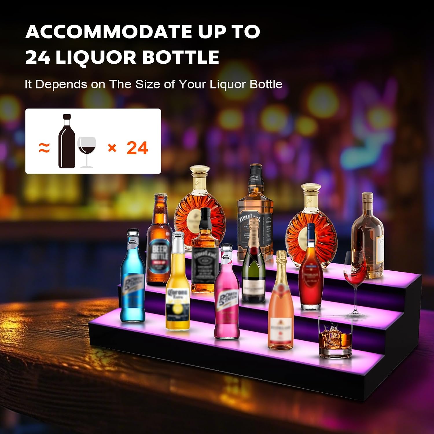 Dollate 3 Tiers 30 Inch LED Lighted Liquor Bottle Display, LED Tabletop Wine Shelves, Adjustable Lighting & Colors Liquor Storage Rack for Home Bar