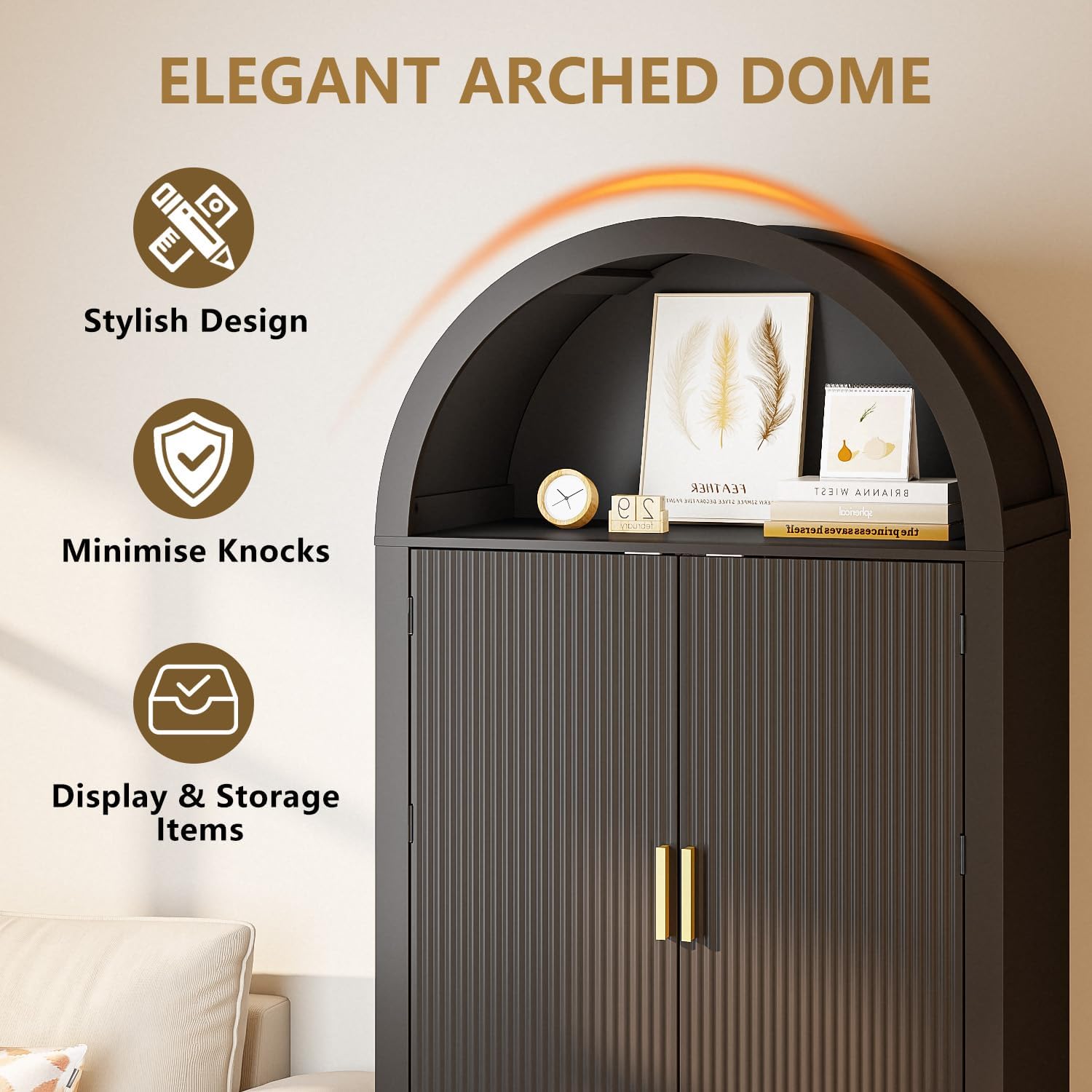 Arched Cabinet, 71' Tall Arched Kitchen Pantry Storage Cabinet with Doors, Modern Fluted Kitchen Storage Cabinet with Adjustable Shelves, Black Cupboard for Kitchen, Dining Room, Bathroom