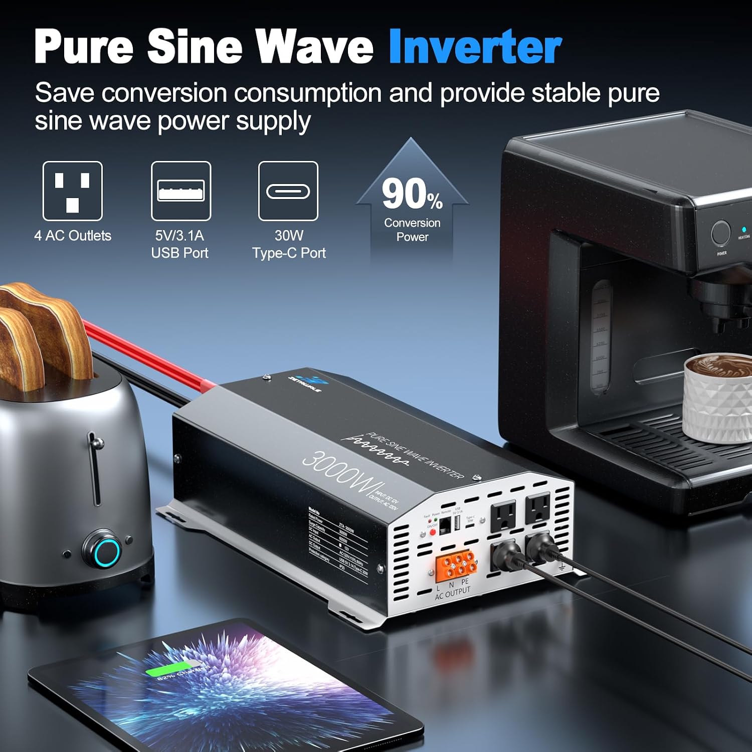 3000 Watts Pure Sine Wave Inverter 12V DC to 110V/120V AC Converter, 6000W Peak, LCD Remote Control, 4 AC Outlets, USB & Type-C – for RV, Truck, Off-Grid Solar System, Emergency Power