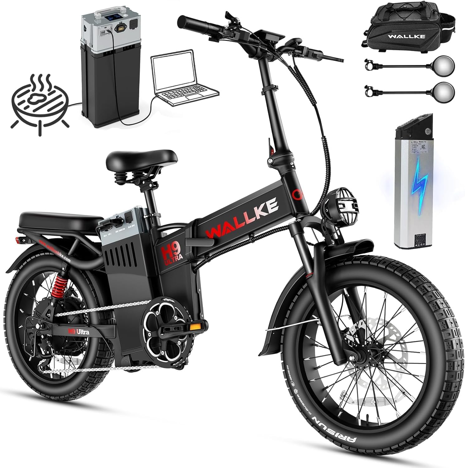 Wallke H9 Ultra 5000W Electric Bike with 2640Wh Power Hub, 48V 55Ah Removable Battery, 105NM Torque & 40MPH Fast Ebike for Adults, ARISUN All Terrain Fat Tire for Camping Commute, UL2849 Certified