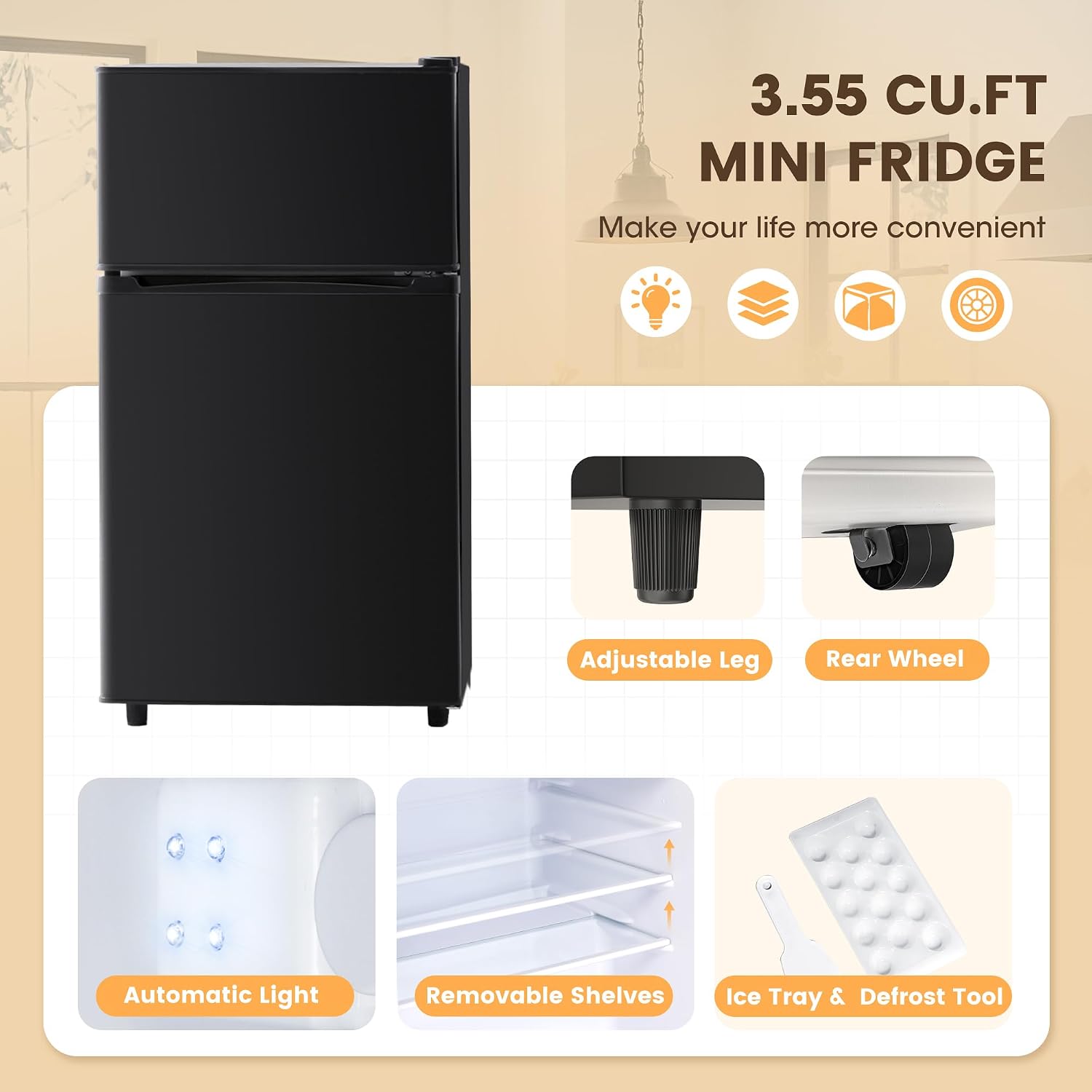 Manastin 3.55 Cu.Ft Mini Fridge with Freezer, Small Refrigerator with 2 Doors for Kitchen, Dorm, Office and Bedroom, Mini Refrigerator with Adjustable Shelves (Black)