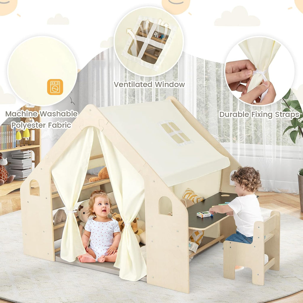 Costzon Large Kids Tent, 6-in-1 Wooden Frame Play House with Table and Chair Set, Blackboard, 6 Storage Bins & Soft Floor Mat, Indoor Playhouse for Boys Girls Aged 2-6 Years Old