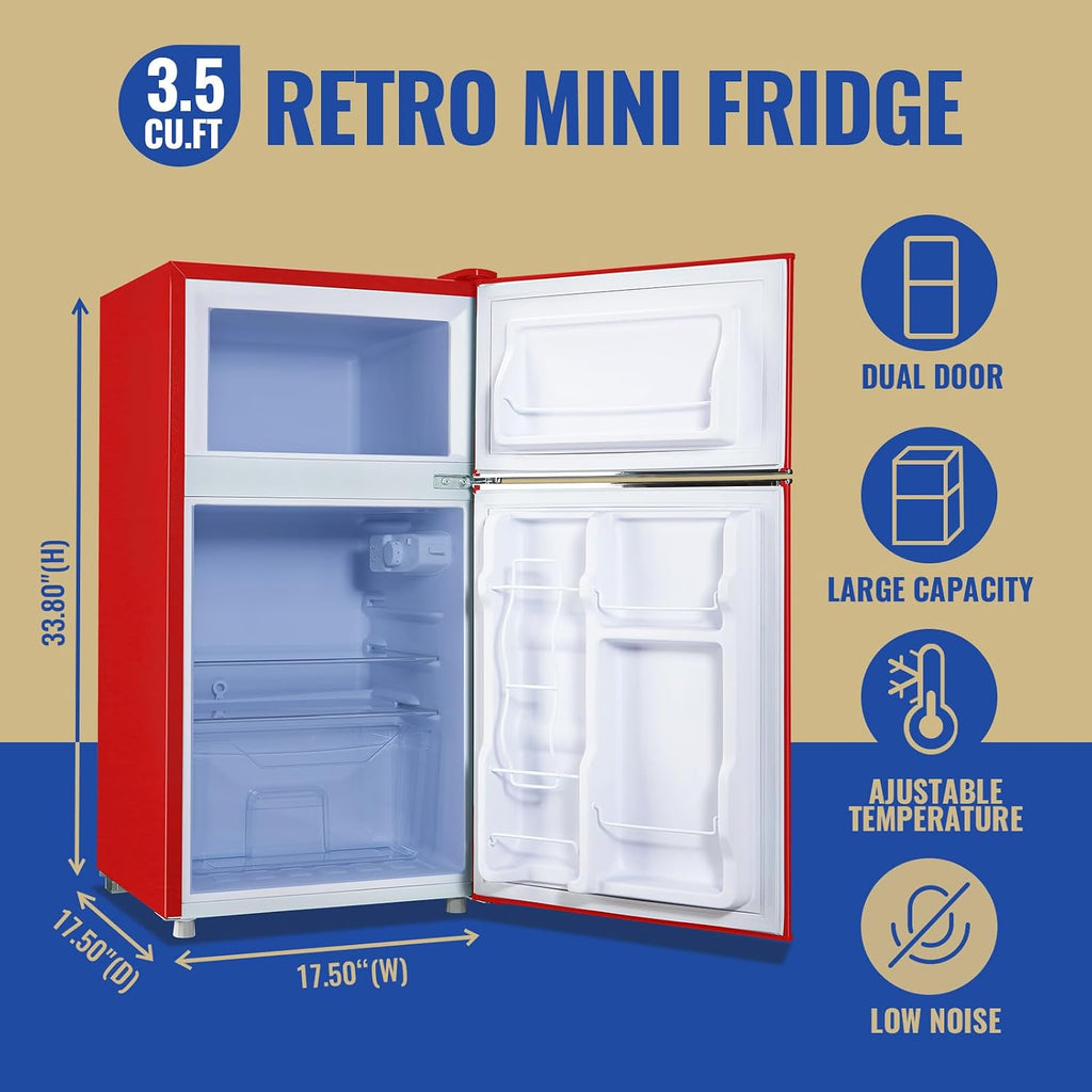 3.5 Cu.ft Refrigerator with Freezer Double Door Red Fridge Adjustable Glass Shelves, Plastic Crisper,7 Level Temperature Control Fridge for Dorm, Office, Apartment
