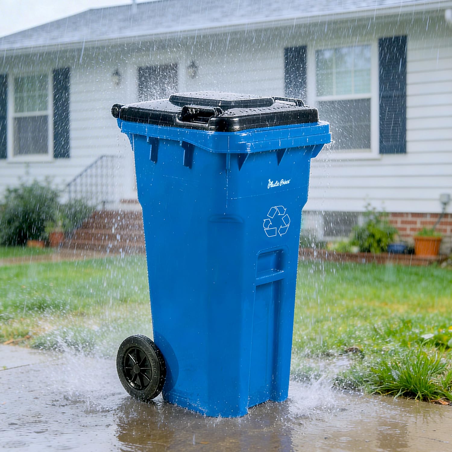PLASTIC PRINCE 32 Gallon Trash Can Outdoor Recycling Bin with Lid and Wheels Heavy Duty Rolling Garbage Can with Lid Blue Recycle Bin with Wheels for Warehouses Hospitals Restaurants, Pack of 2