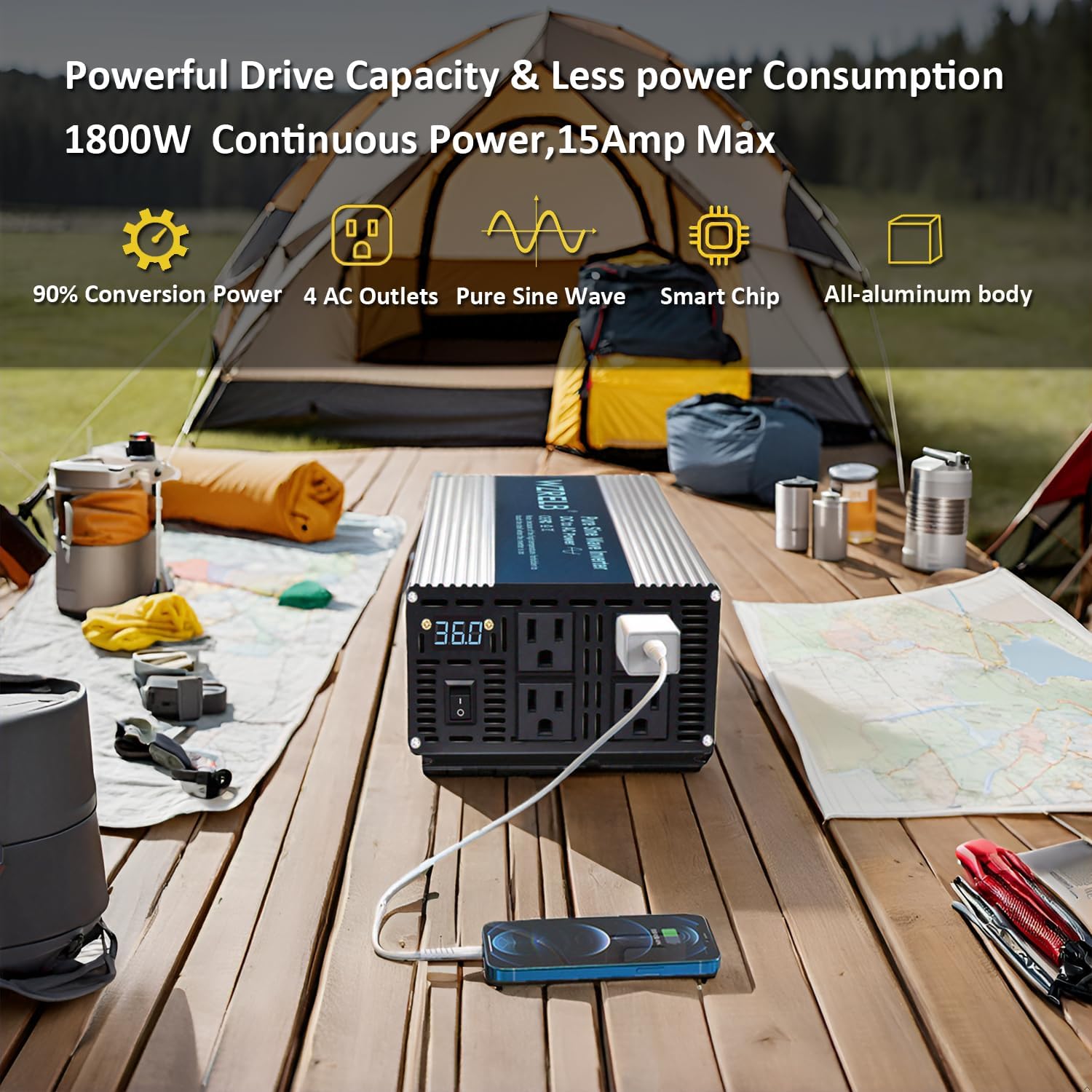 WZRELB 1800W Pure Sine Wave Inverter 36V DC to 110V 120V AC Power Converter with LED Display, Off-Grid Portable Power Inverter with 4 AC Outlets for Home, RV, Truck, Camping