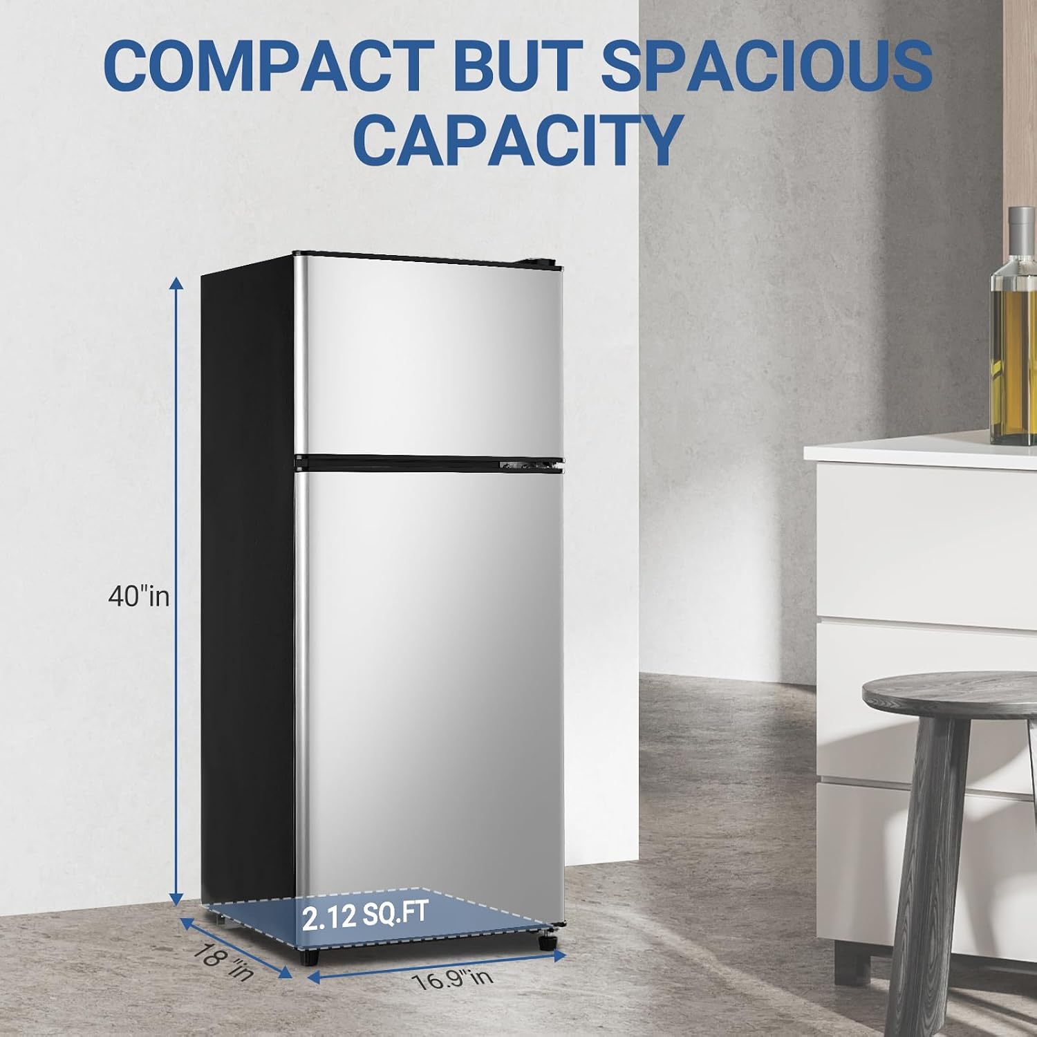 Apartment Size Refrigerator, 4.0 Cu.Ft Small Refrigerator with Freezer Suitable for Apartment, Office, Kitchen, Dorm, Compact Fridge with 7 Temperature Modes, Double Door, Silver
