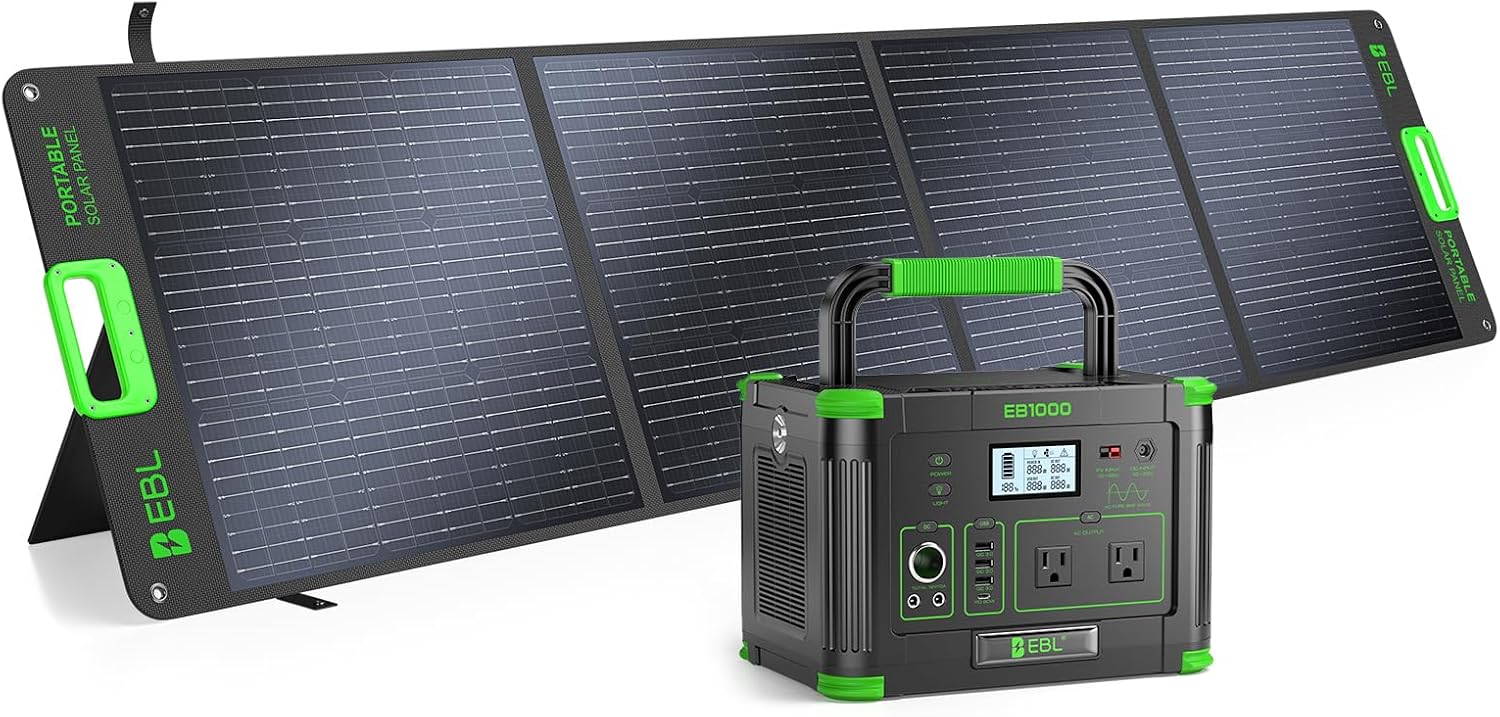 EBL 1000W Portable Power Station With 200W Solar Panels, 999Wh Backup Lithium Battery, Pure Sine Wave AC Outlet, 60W PD Quick Charge Solar Generator Set for RV/Van Camping, Road Trip, Home, Off-grid