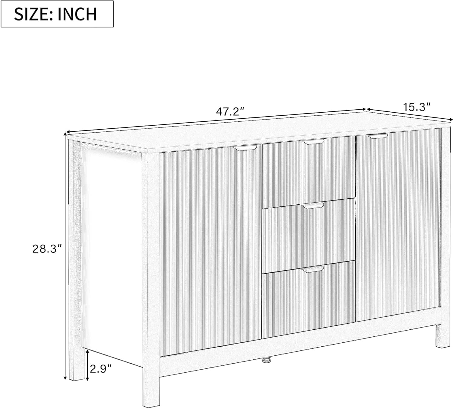 Virubi 47' Fluted Sideboard Buffet Cabinet with Storage Drawers,Doors,Adjustable Shelves and Gold Handles, Wood Modern Sideboard Accent Cabinet for Living Room,Hallway,Entryway (White)