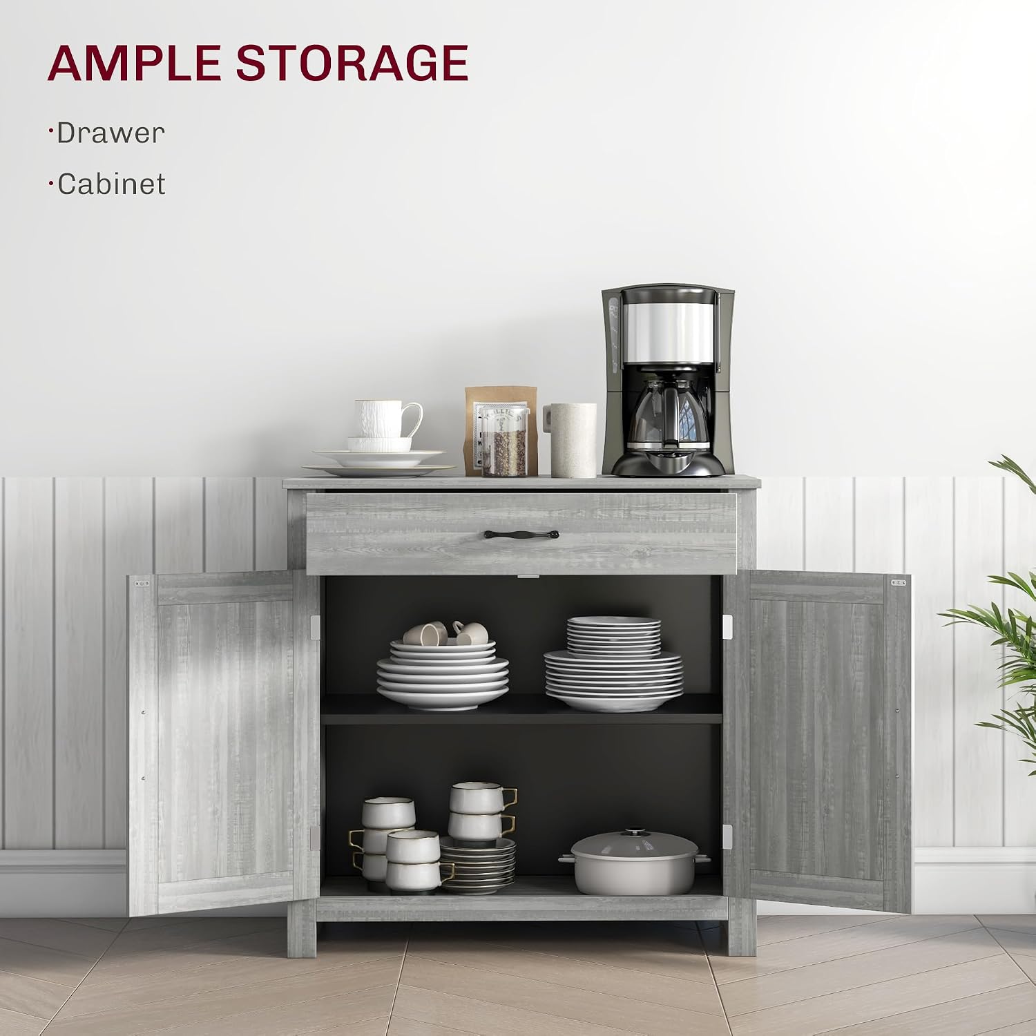 HOMCOM Farmhouse Sideboard Buffet Cabinet, Barn Door Coffee Bar Cabinet with Drawer and Adjustable Shelf for Kitchen, Living Room, Entryway, Stone Gray