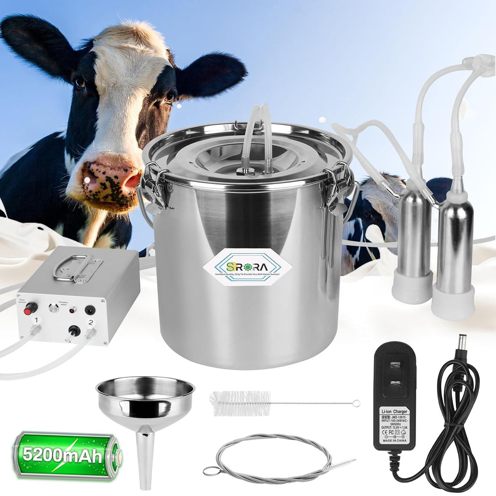 5L Cow Milking Machine, Rechargeable Battery Adjustable Pulse Vacuum Electric Cow Milking Machine,Portable Milking Machine,Individual Pulsation Adjustment, Udder Protection