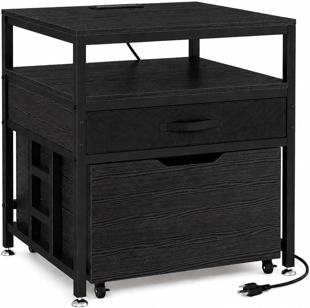Mini Fridge Stand with Storage Drawer for Dorm Room, 220 lb Heavy Duty Refrigerator Stand with Power Outlet and Pull-Out Basket, Small Fridge Table for Apartment, office, Kitchen, Black