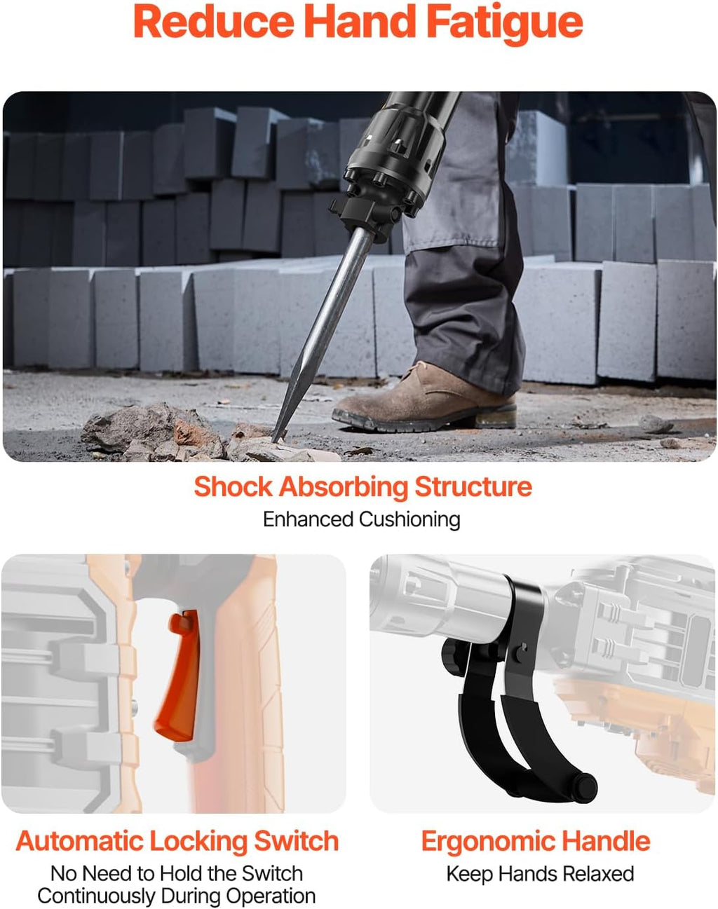 VEVOR 3500W Electric Demolition Hammer, 1900 BPM Durable Jack Hammer, Concrete Breaker with 2 Chisels, Gloves, and a 360° Rotatable Handle for Efficient Trenching, Black