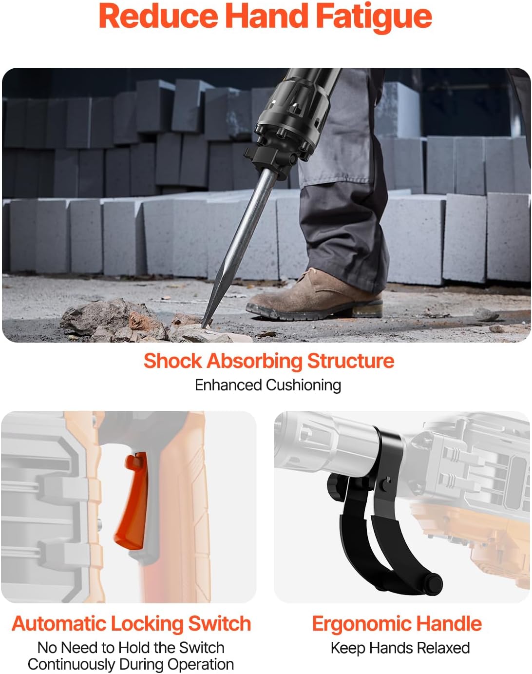VEVOR 3500W Electric Demolition Hammer, 1900 BPM Durable Jack Hammer, Concrete Breaker with 2 Chisels, Gloves, and a 360° Rotatable Handle for Efficient Trenching, Black