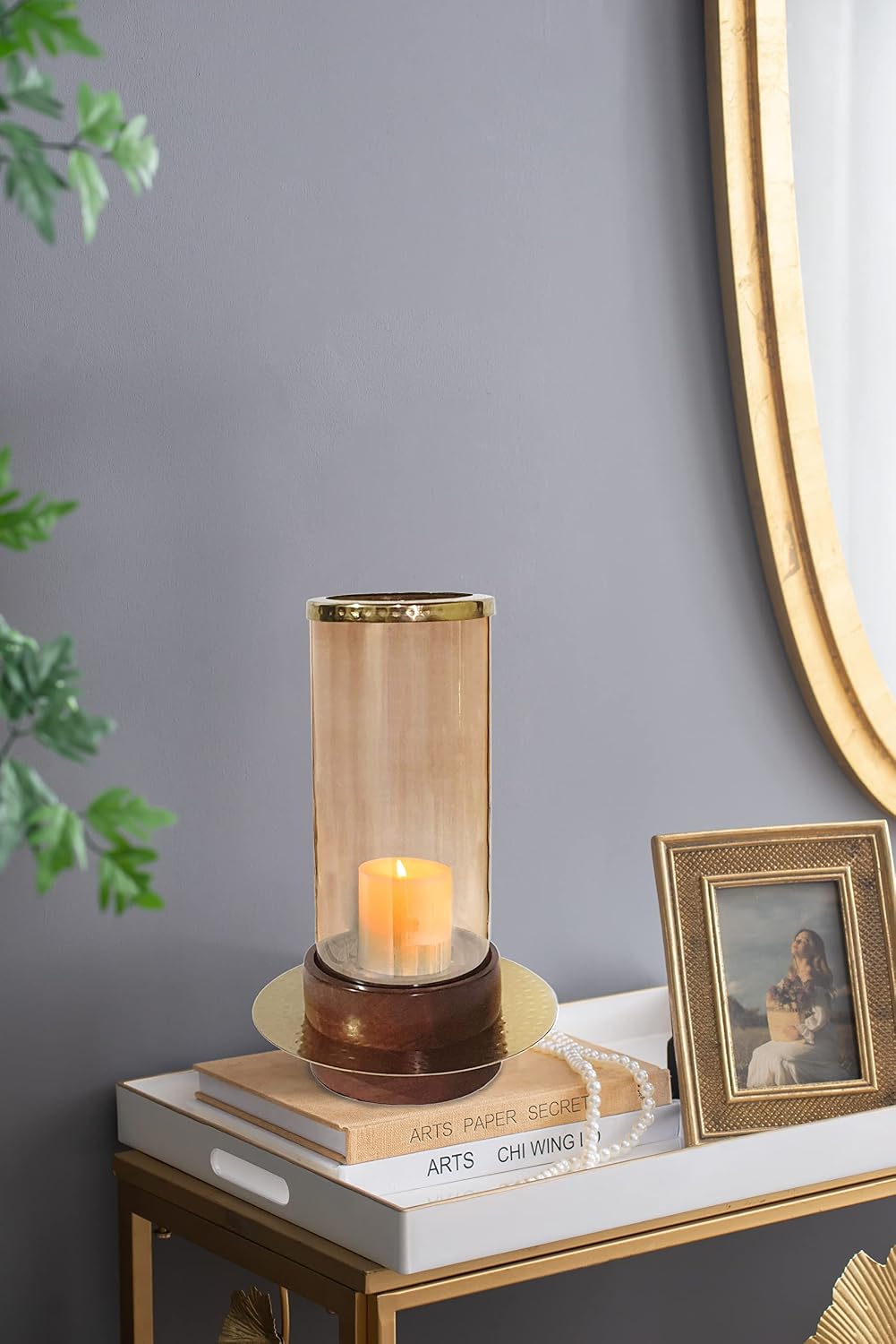A&B Home Acacia Wood Candle Holder - Wood Candle Holder with Glass Hurricane, Decorative Tabletop Lighting, Living Room Coffee Table Accent Piece Dining Table Centerpiece, 8' x 8' x 14'