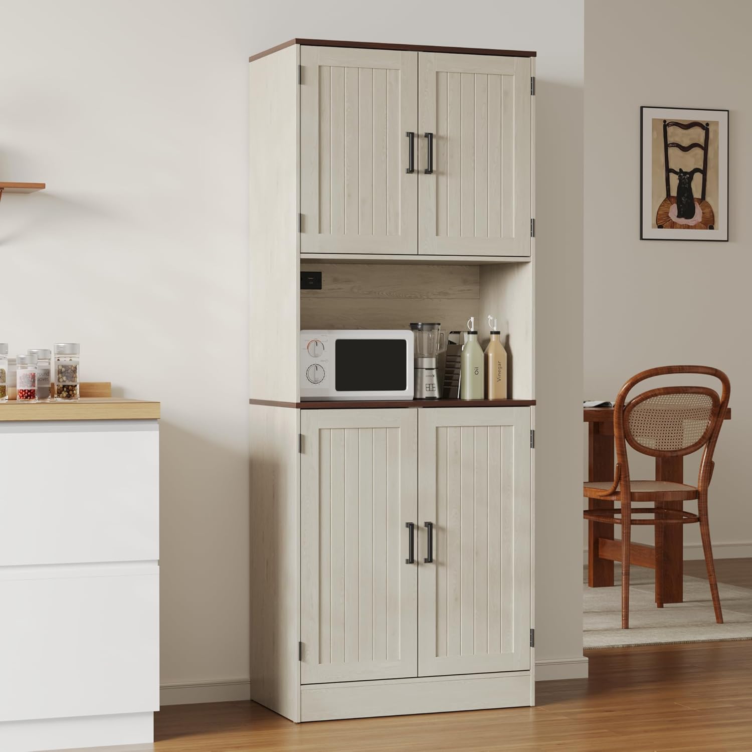 MHOM 71' Tall Pantry Cabinet with Charging Station, Farmhouse Kitchen Hutch with Adjustable Shelves, Modern Kitchen Pantry Storage Cabinet for Dinning Room & Living Room, Antique Oak