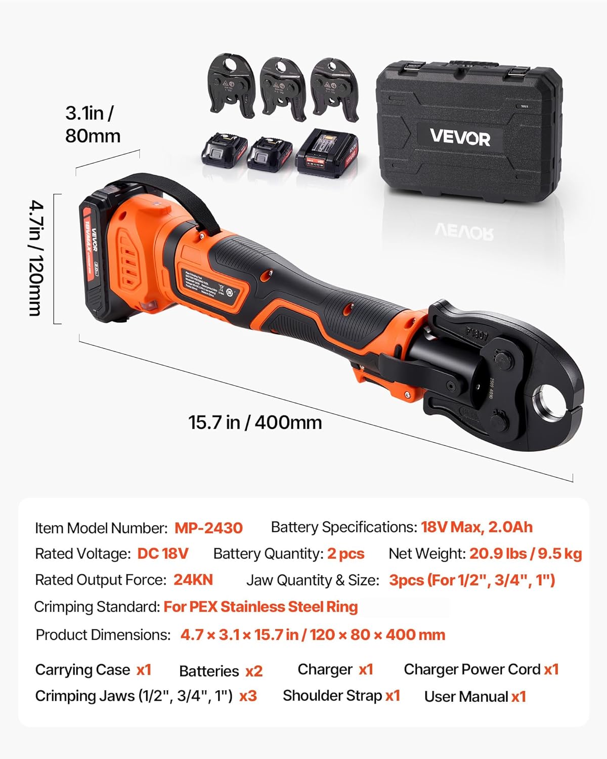 VEVOR Press Tool, 18V Electric Pipe Crimping Tool for 1/2' 3/4' 1' PEX Pipe Stainless Steel Rings, 24KN PEX Press Tool Compatible with PureFlow - with 3 VPF Jaws, 2pcs 2AH Batteries, Charger & Toolbox