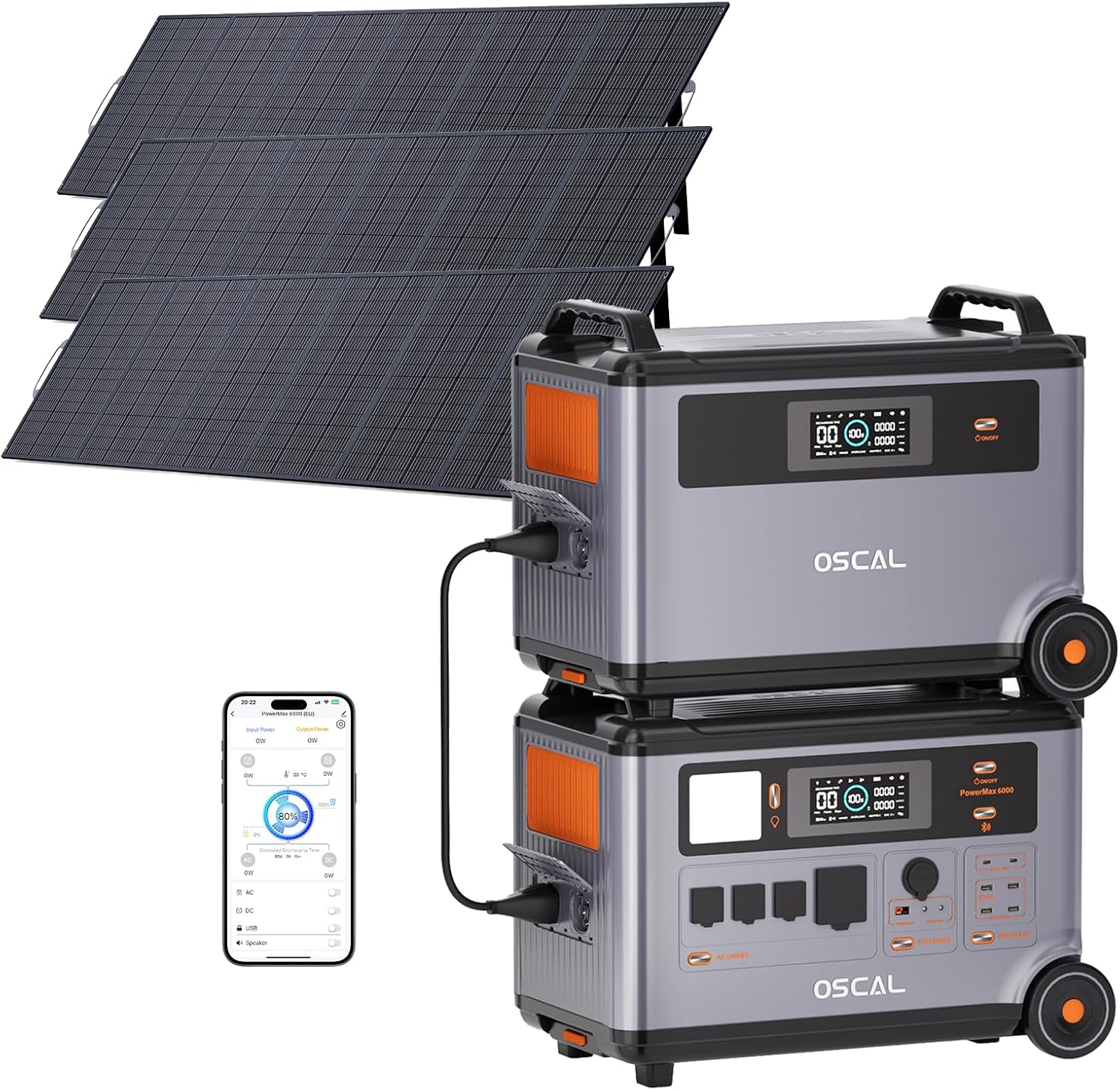 OSCAL 6000W(9000W Peak) Portable Solar Power Station with 3 * 500W Solar Panels, 3600Wh LiFePO4 Battery with 3600Wh Expansion Battery Pack, 2400W Solar Charging Generator for Camping, Home, Emergency