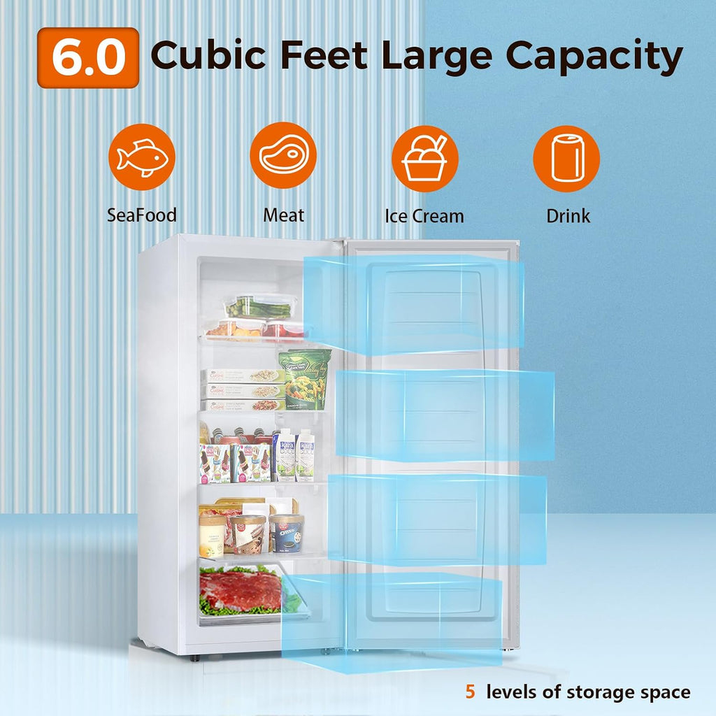 Kismile Upright Freezer, 6.0 Cu.ft Deep Freezer with Reversible Single Door,Removable Shelves, Small Stand Up Freezer with Adjustable Thermostat for Home/Kitchen/Office/Garage (White)