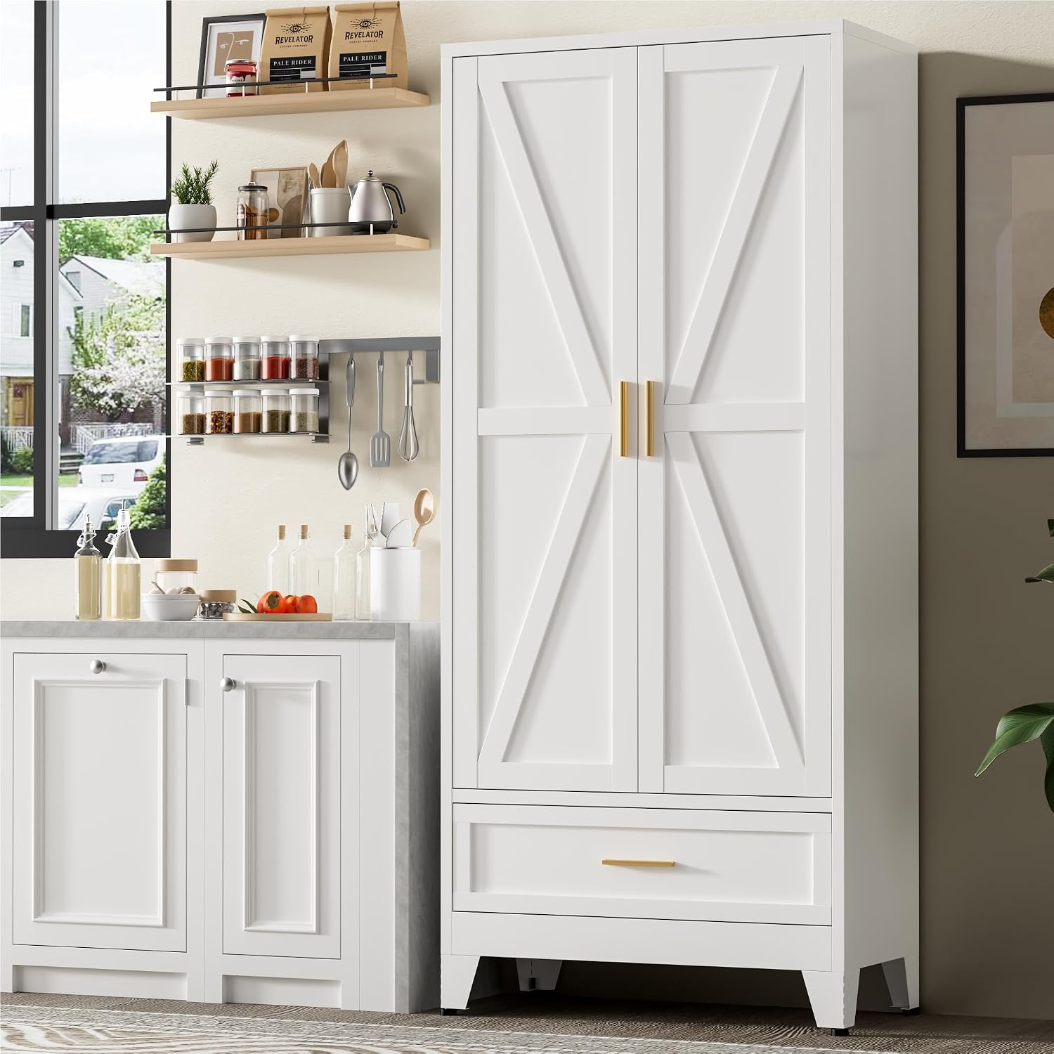 71'Tall Metal Storage Cabinet with Drawer and 4 Adjustable Shelves,Farmhouse Kitchen Pantry Storage Cabinet with Doors, Freestanding White Locker Cabinets for Office,Dining Room,Bathroom(White)