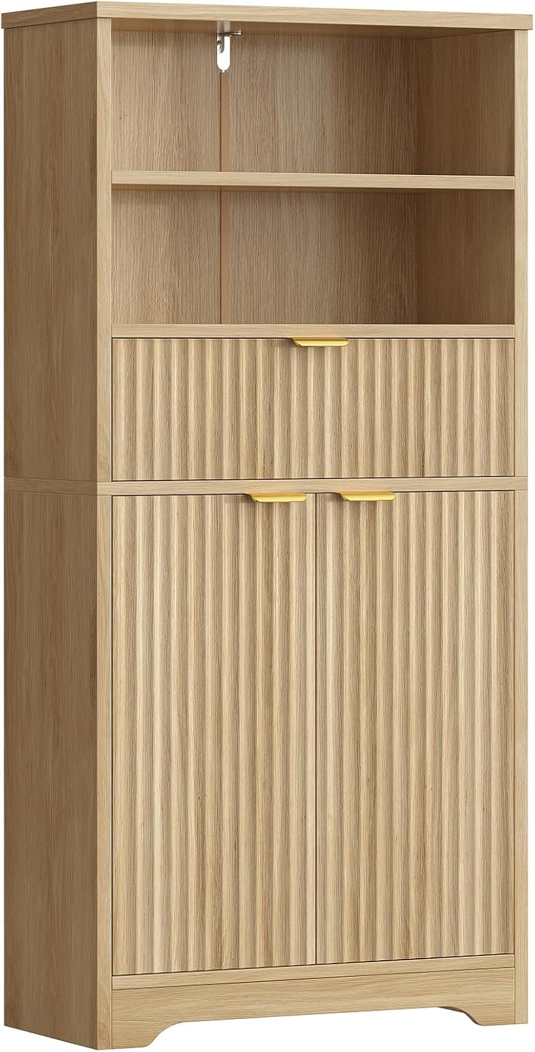 TEENFON Tall Storage Cabinet with Adjustable Shelf & Drawer, Fluted Cabinet with Doors, Kitchen Pantry Cabinets, Bathroom Storage Cabinets, for Living Room, Entryway, Home Office, Natural
