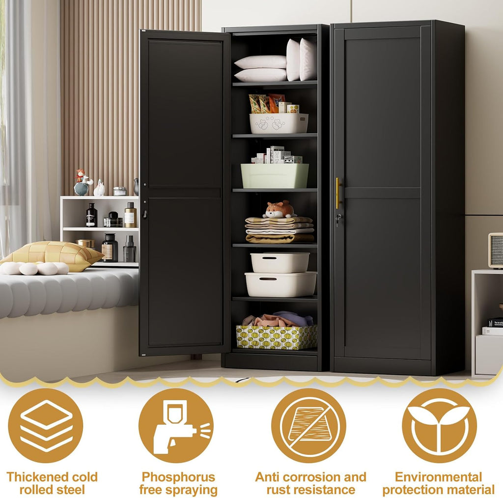 Tall Narrow Slim Metal Storage Cabinet with Lock and 5 Adjustable Shelves,Steel File Cabinets,Kitchen Pantry Cabinet Locker Organizer - 67' Storage Cabinets for Bathroom,Bedroom,Office,Black
