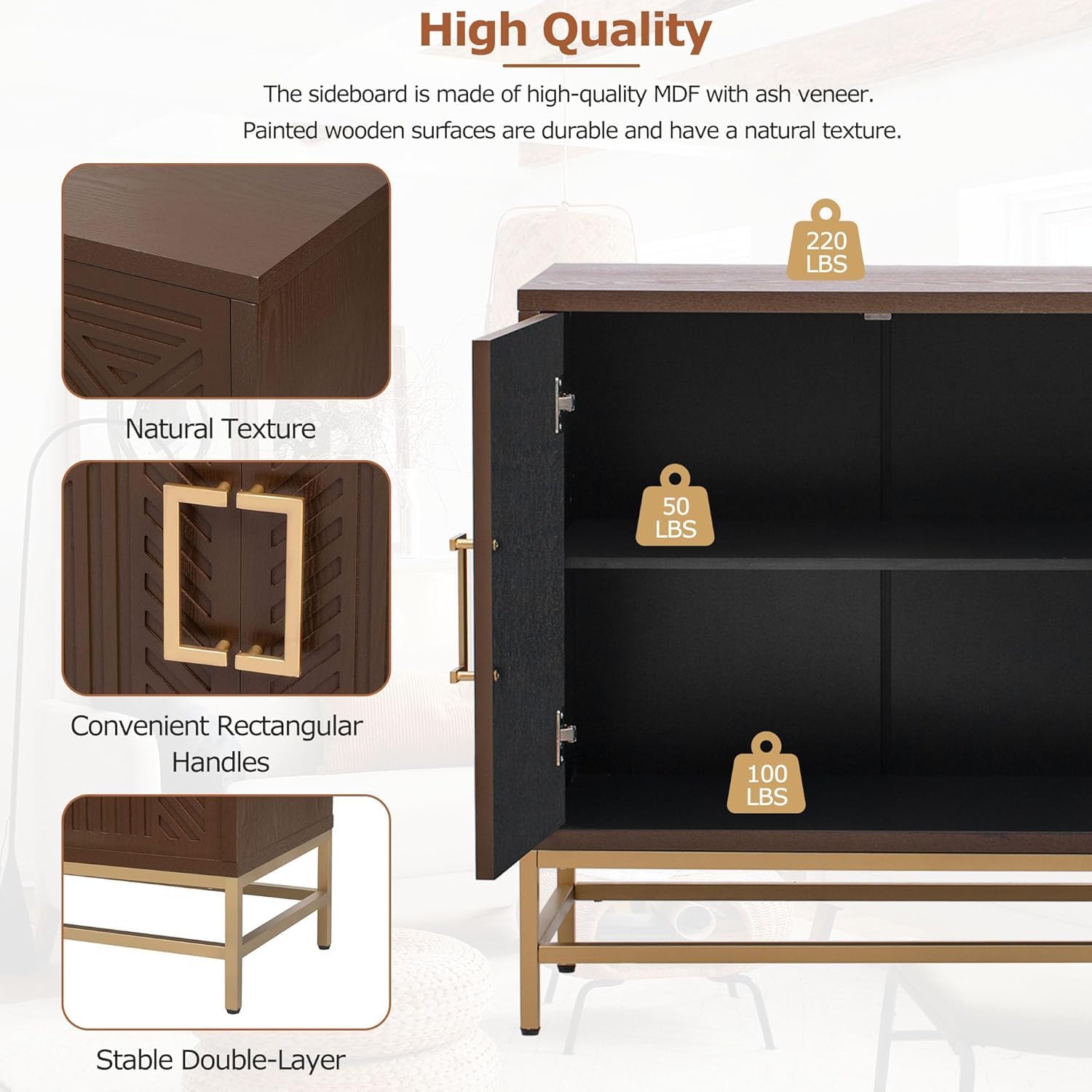 Virubi 60' Sideboard Buffet Cabinet with Storage, Doors and Gold Handles, Wood Modern Sideboard Accent Cabinet with Adjustable Shelves for Living Room, Hallway, Entryway (Espresso)