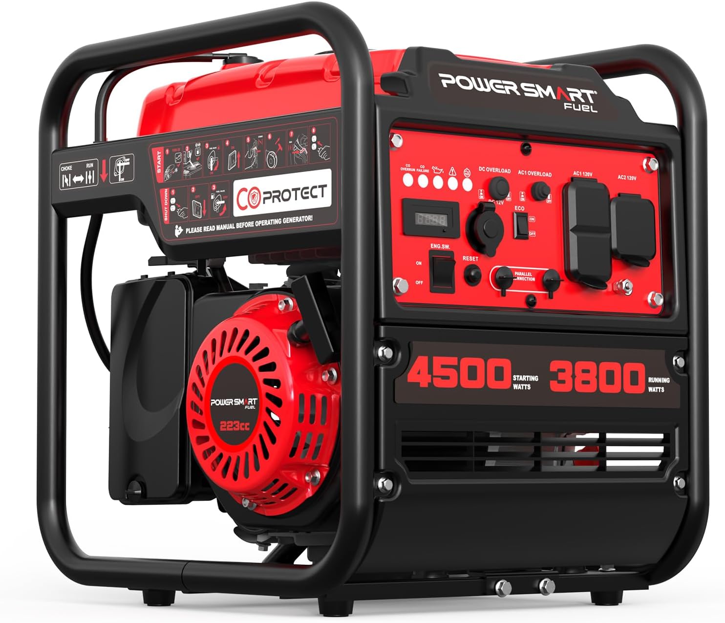 PowerSmart 4500W Portable Inverter Generator with CO Alarm, 223cc Gas Powered Engine, Quiet Run for RV Ready, Home Backup, Emergency, & Camping, EPA Compliant, Parallel Ready
