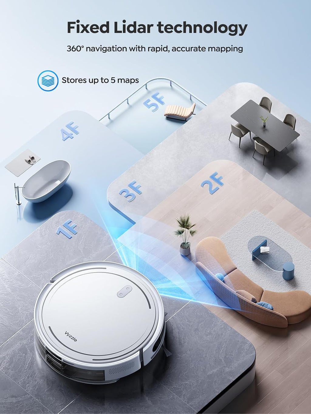 Vyzzle Robot Vacuum and Mop, Smart Navigation Robot Vacuum with 5000Pa Suction, Ultra Slim Robot Vacuum Cleaner, 150Mins Max, App/Alexa Control for Pet Hair, Hard Floor, Carpet, Customized Cleaning