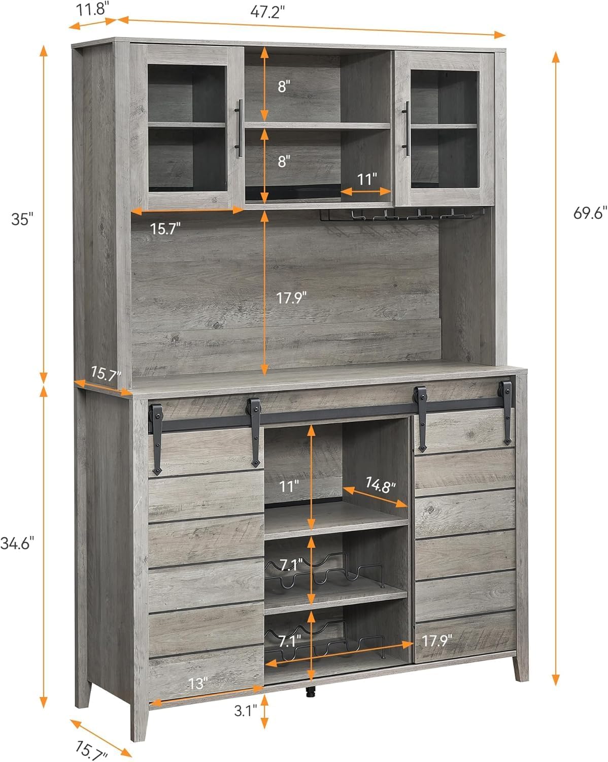 IDEALHOUSE 70'' Wine Coffee Bar Cabinet with Storage Hutch, Tall Kitchen Pantry Liquor Cabinet with Sliding Barn Doors, Bottle Glasses Rack, Farmhouse Buffet for Home Dining Room, Gray