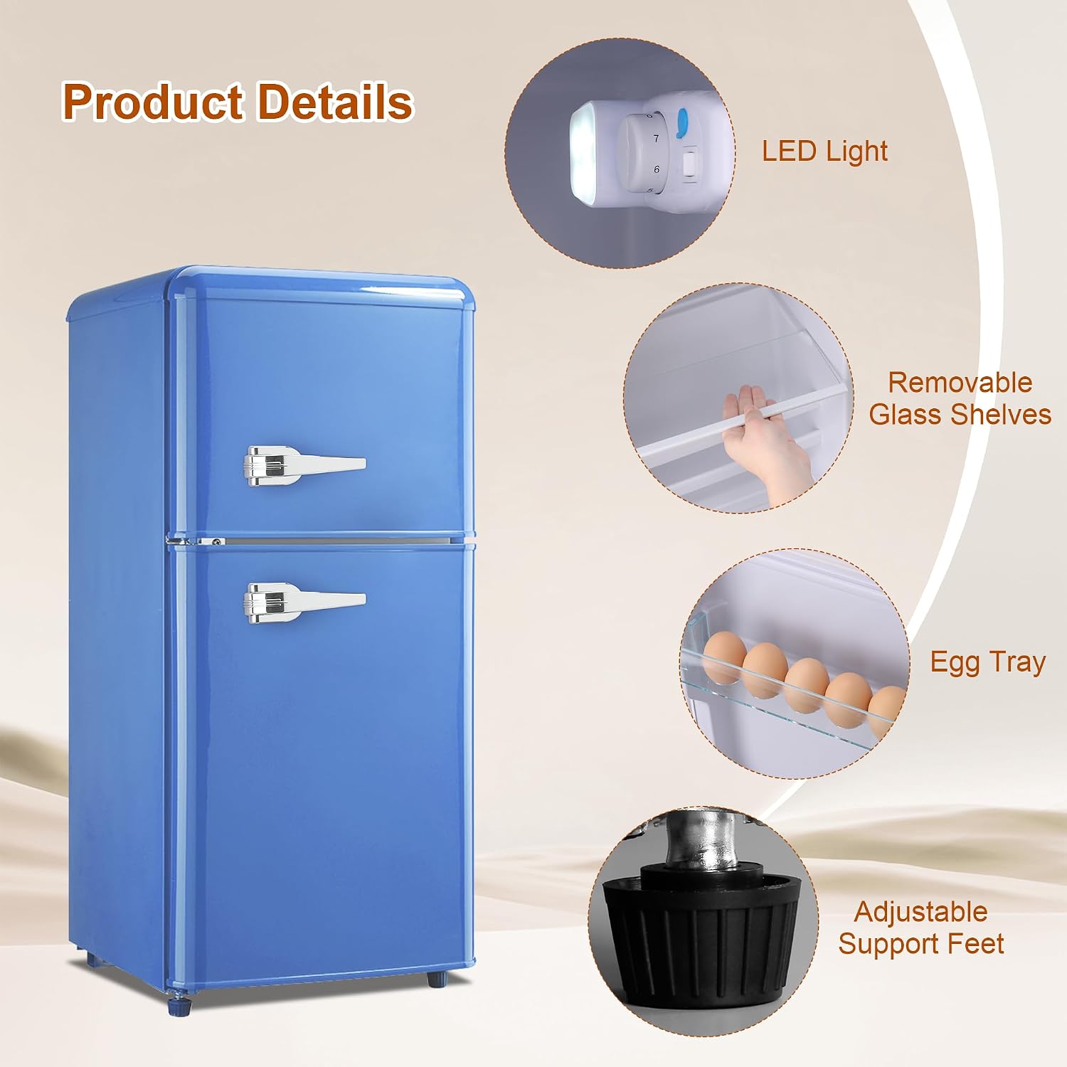 Retro Mini Fridge with Freezer 3.5 Cu. Ft, Small Refrigerator with 7 Level Adjustable Thermostat, Compact Classic Dual Door Fridge Removable Glass Shelves for Apartments, Dorm, Office, Blue