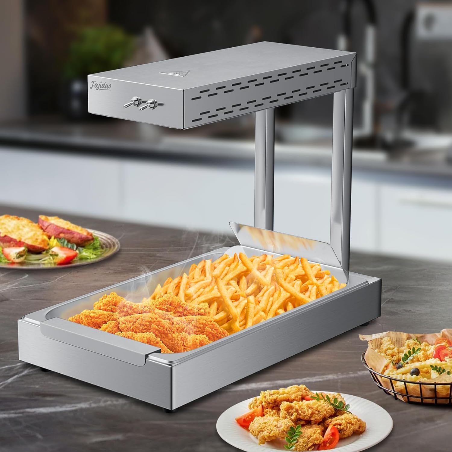 French Fry Food Warmer, 750W Electric Stainless Steel Warming Light Dump Station, 5.5QT Commercial Food Heating Lamp, Countertop Fries Food Warmer for Parties Kitchen Restaurant Buffe(Silver)
