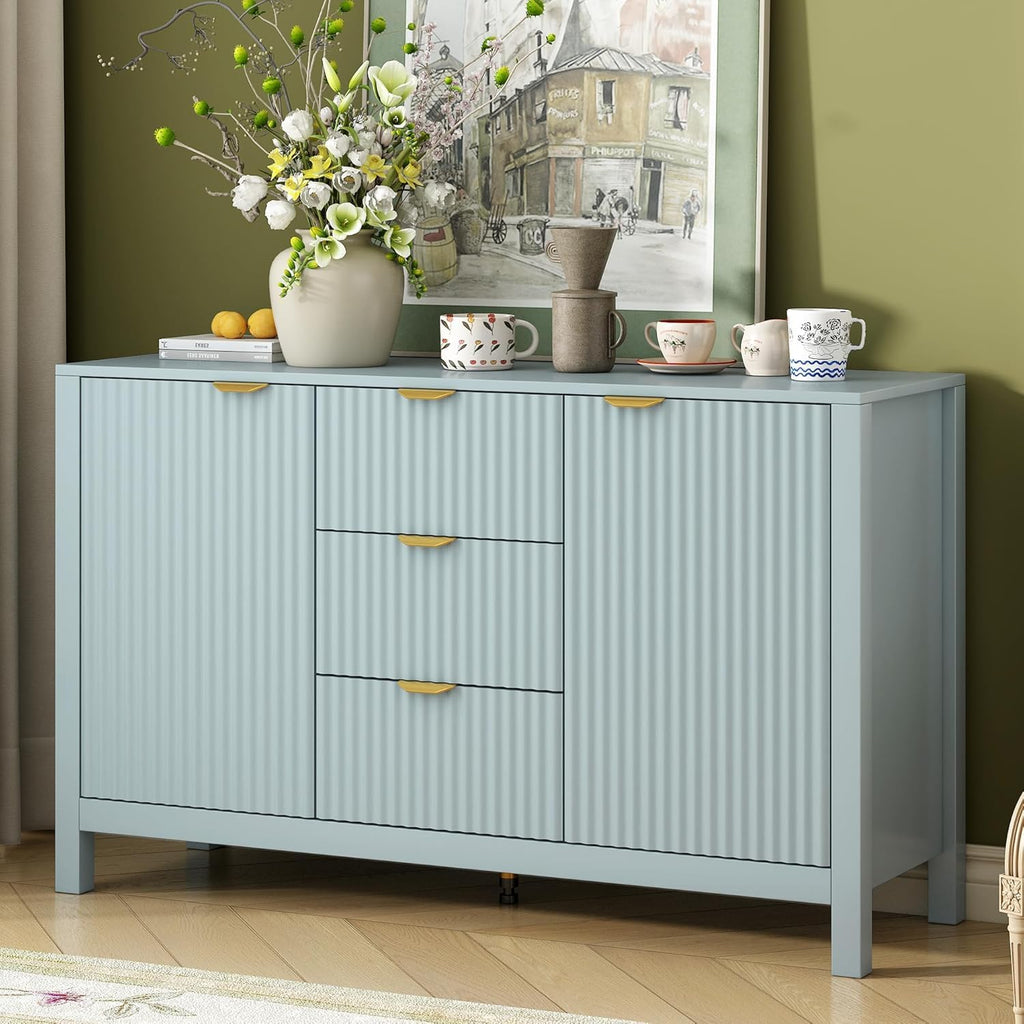Virubi 47' Fluted Sideboard Buffet Cabinet with Storage Drawers,Doors,Adjustable Shelves and Gold Handles, Wood Modern Sideboard Accent Cabinet for Living Room,Hallway,Entryway (Green)