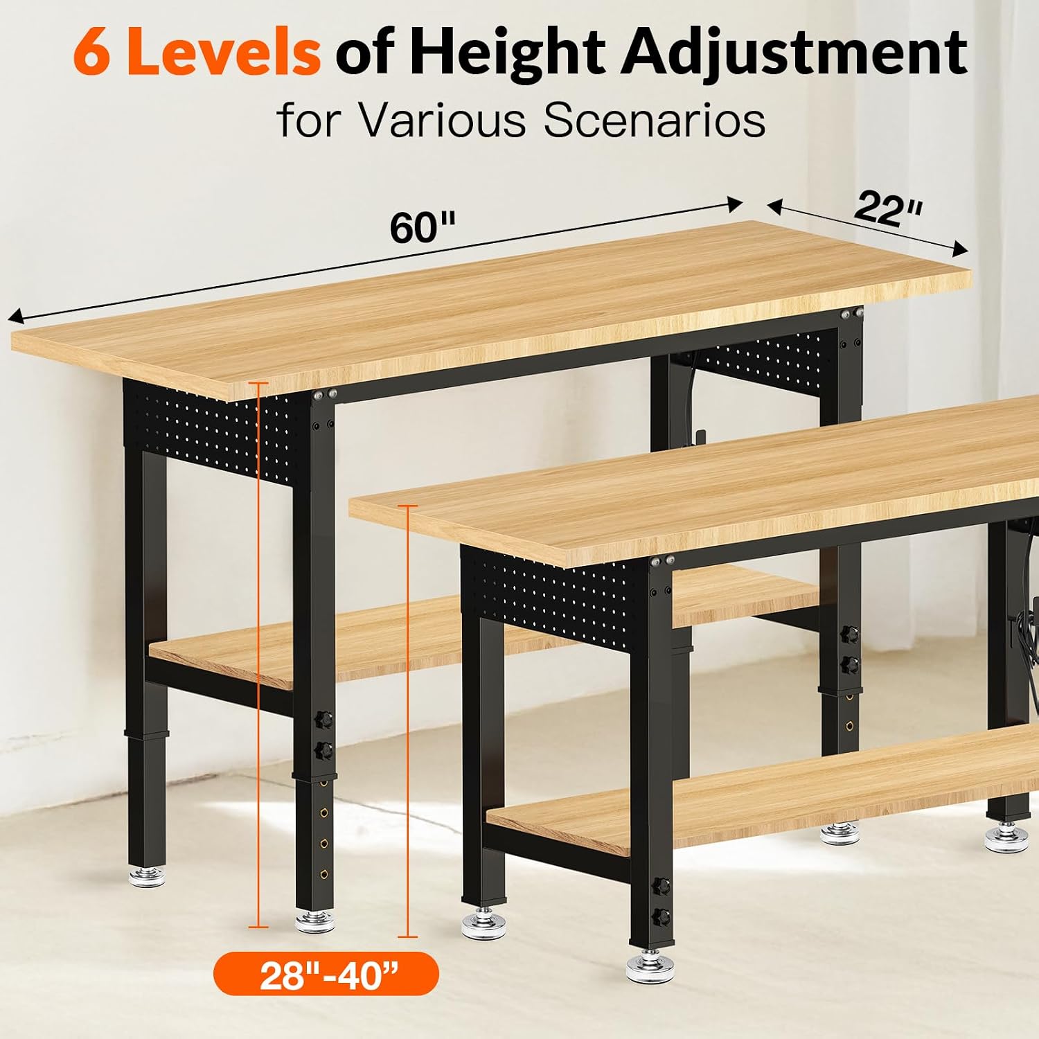 60' Adjustable Height Workbench Work Bench for Garage Work Table with Under Table Shelf Heavy Duty Rubber Wood Top for Shop Woodworking, Office, Home, Commercial