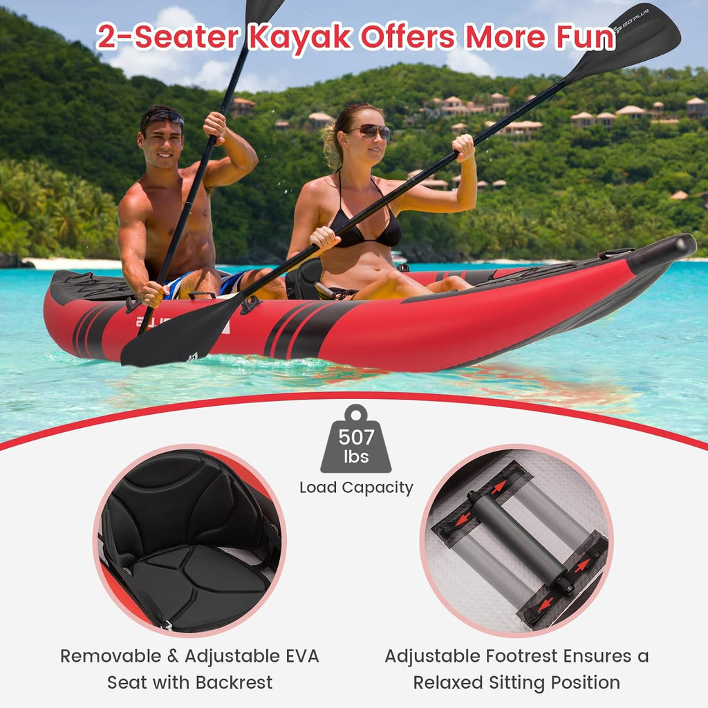Goplus Tandem Inflatable Kayak, 12.5FT 2-Person Kayak for Adults w/507 LBS Weight Capacity, 2 Aluminium Oars, Padded Seat, 2 Fins, Hand Pump, Carry Bag, Repair Kit, Portable Touring Kayaks