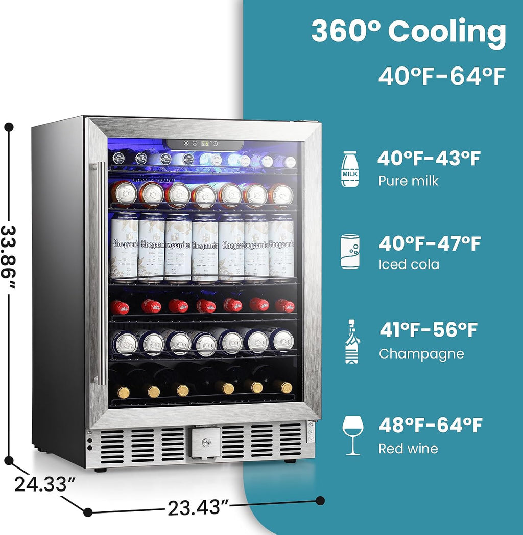 Antarctic Star 166 Can Beverage Refrigerator Cooler, 5.1 Cu.Ft Mini Fridge with Safety Lock, Beverage Cooler with Glass Door/LED Light/Adjustable Removable Shelves for Home/Office/Bar(Stainless Steel)