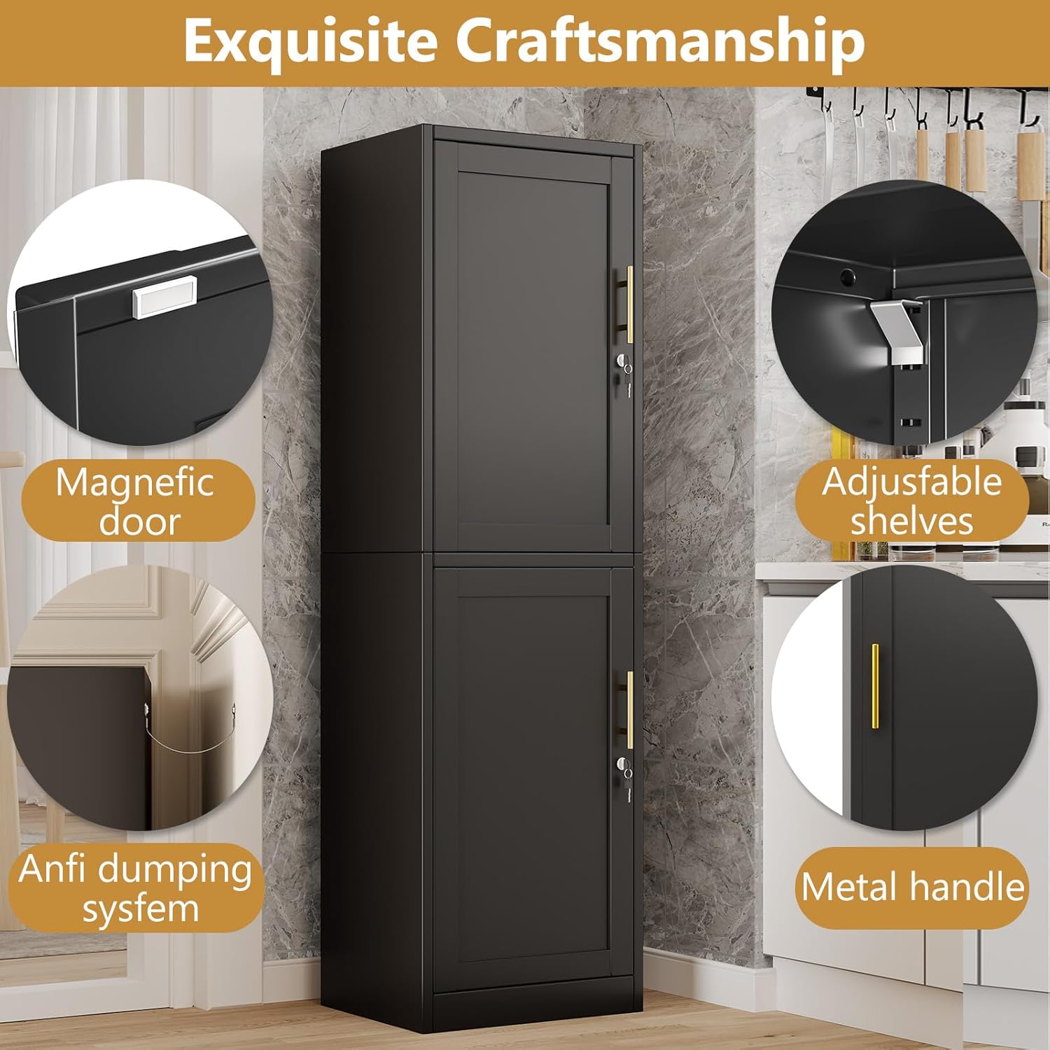 Tall Narrow Slim Metal Storage Cabinet with Lock 2 Doors and Shelves,Steel File Cabinets,Kitchen Pantry Cabinet Locker Organizer - 67' Locker Storage Cabinets for Bathroom,Bedroom,Office,Black