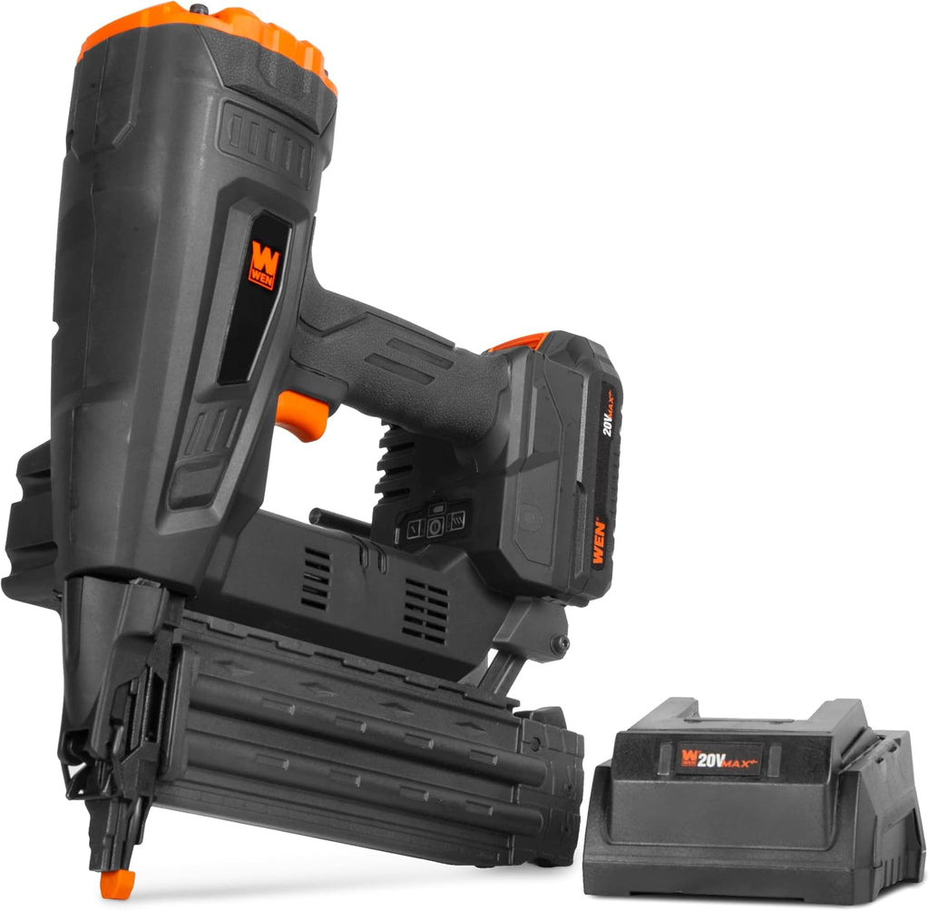 WEN 20V Max Cordless Brushless 18-Gauge Brad Nailer with 2.0Ah Battery and Charger (20518)