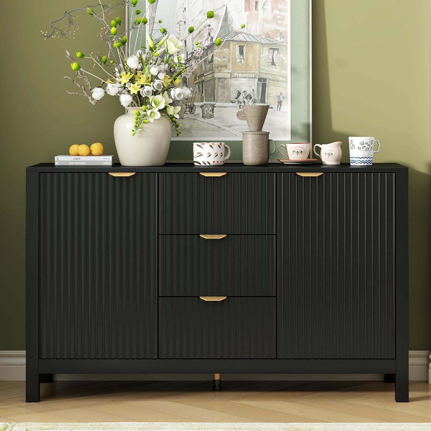 Virubi 47' Fluted Sideboard Buffet Cabinet with Storage Drawers,Doors,Adjustable Shelves and Gold Handles, Wood Modern Sideboard Accent Cabinet for Living Room,Hallway,Entryway (Black)