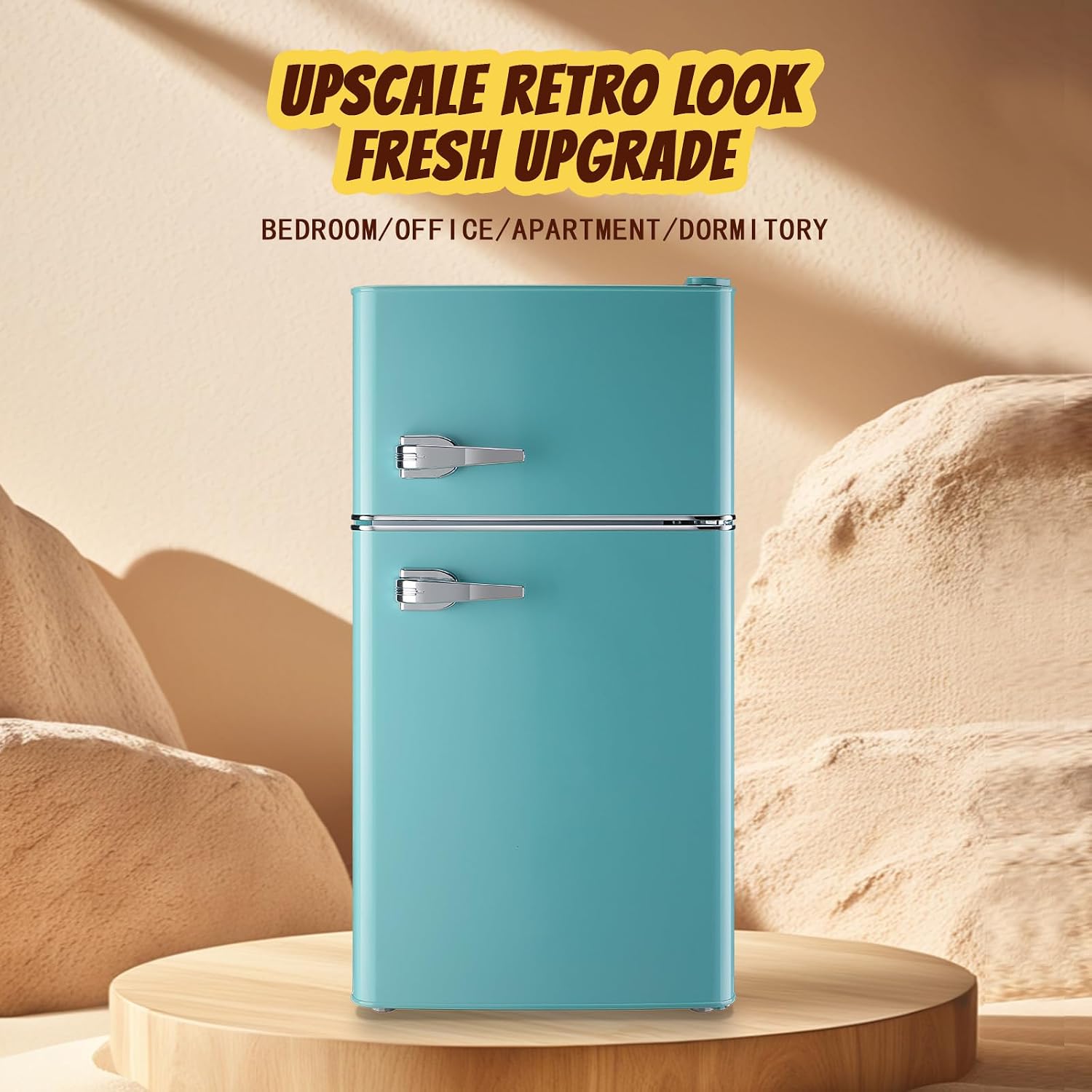 Small Fridge with Freezer Mini Refrigerator Double door Removable Glass Shelves 7 Temp Gear Detachable Handle Blue