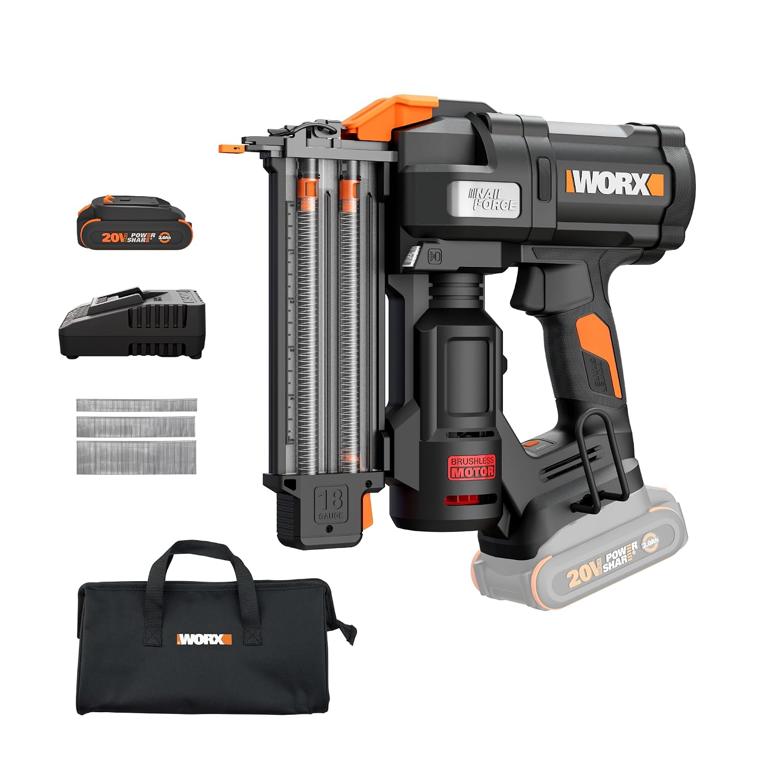 WORX Brad Nailer Cordless, 20V 18 ga Brushless Nail Gun Cordless, High Driving Power, Up to 2-⅛' into Hardwood, Narrow Nose, 3 LEDs, 3000 Nails & 20V 2.0 Ah Battery and Charger Included, PowerShare