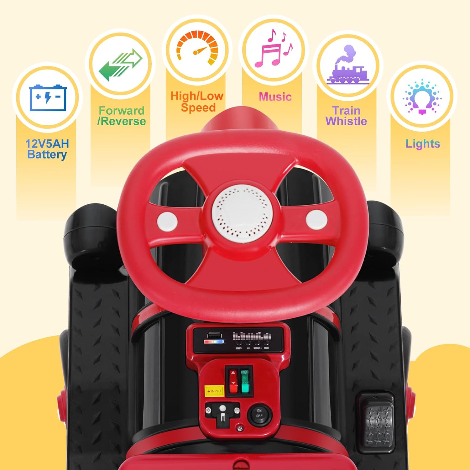 JOYLDIAS 2 Seater Ride On Train, 12V Kids Ride On Toy with Music, Train Honk, Lights, High/Low Speed and Storage, Electric Car for Kids Aged 3+, Red