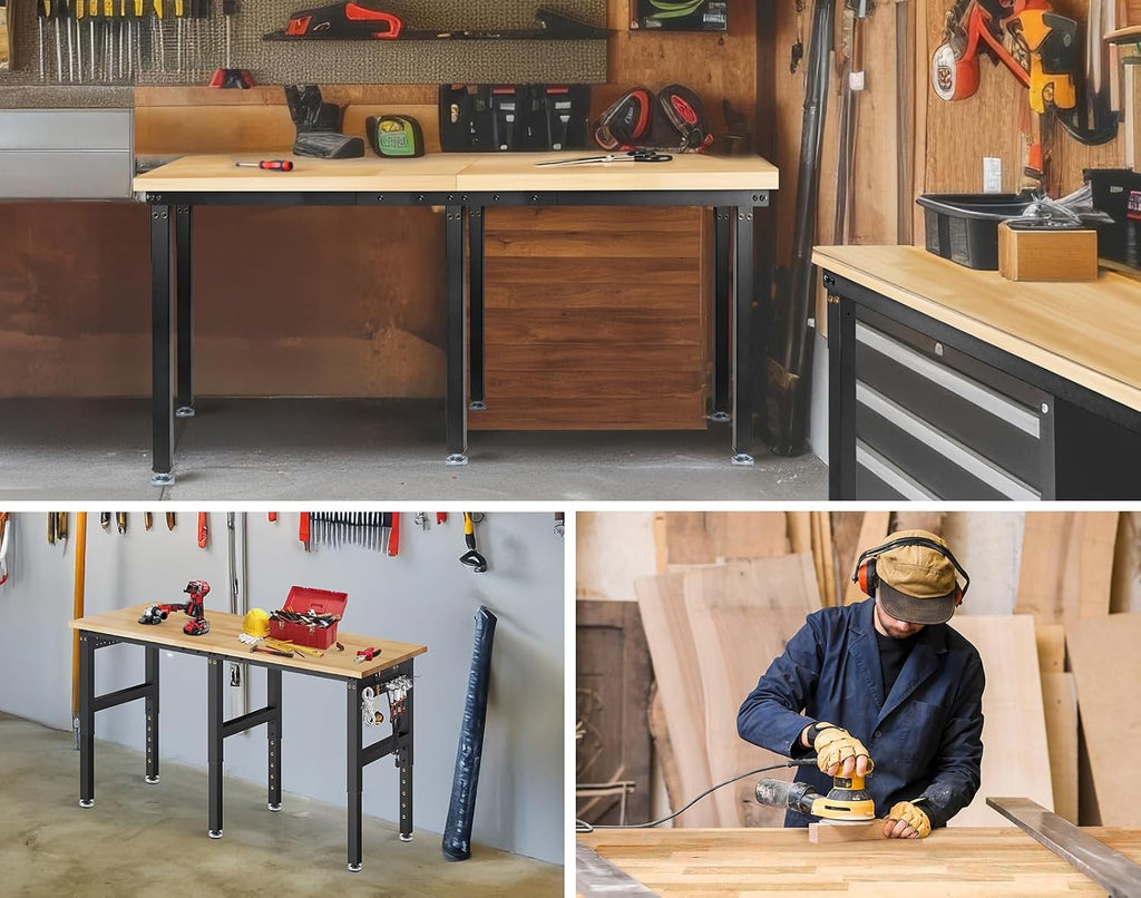 72' Adjustable Height Workbench, 5000 LBS Heavy Duty Table Rubber Wood Workstation with Power Outlet & Pegboard for Garage, Office, Workshop, Home,Commercial