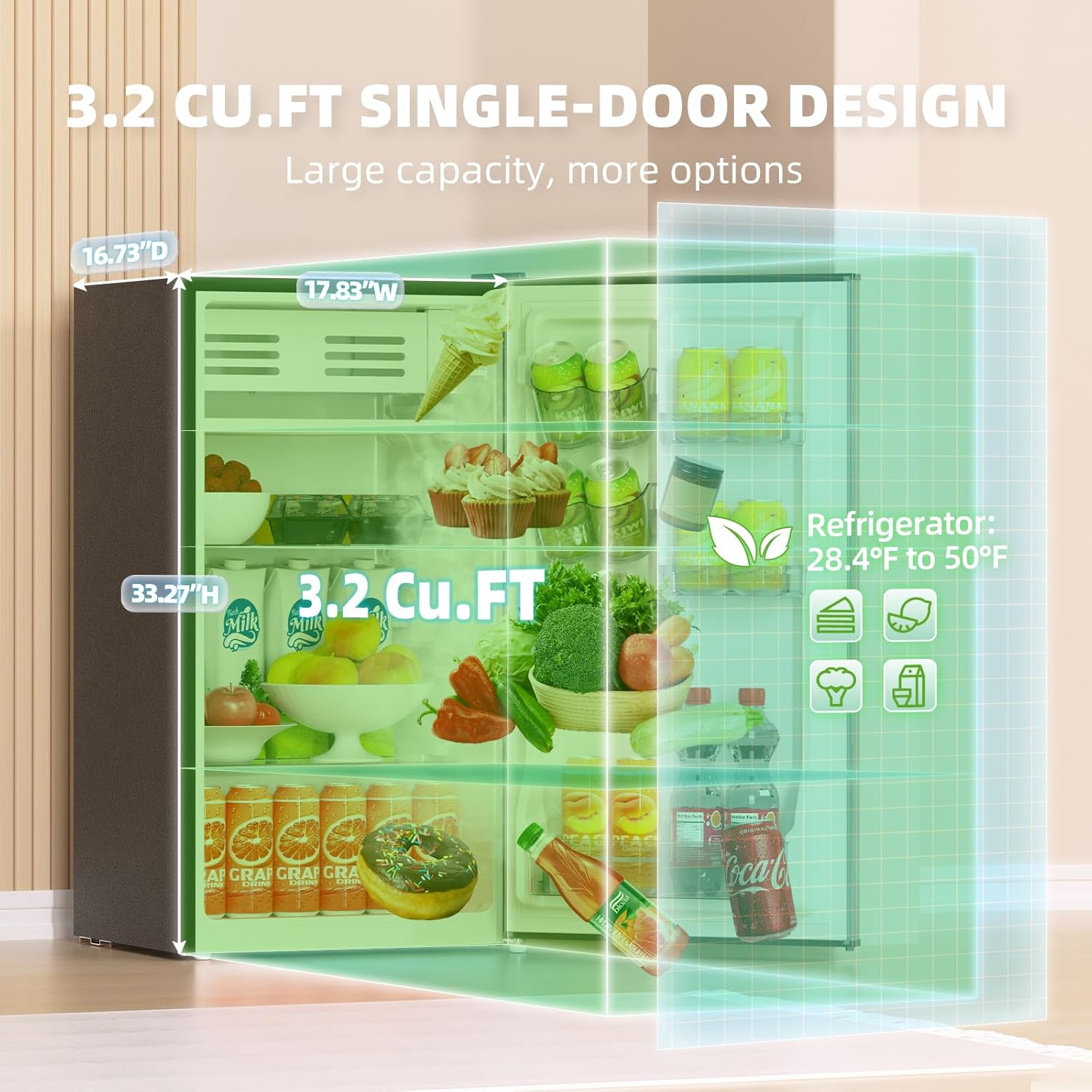 3.2 Cu. Ft. Mini Fridge with Freezer Small Refrigerator, for Bedroom, Single Door, Energy Saving, Low Noise,for Office (Grey)