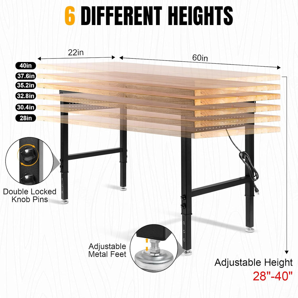 Height Adjustable Workbench 60'×22' Heavy Duty Work Table 2000 LBS Load Capacity Rubber Wood Work Station with Power Outlet & Pegboard for Garage, Office, Workshop, Home, Party Shop